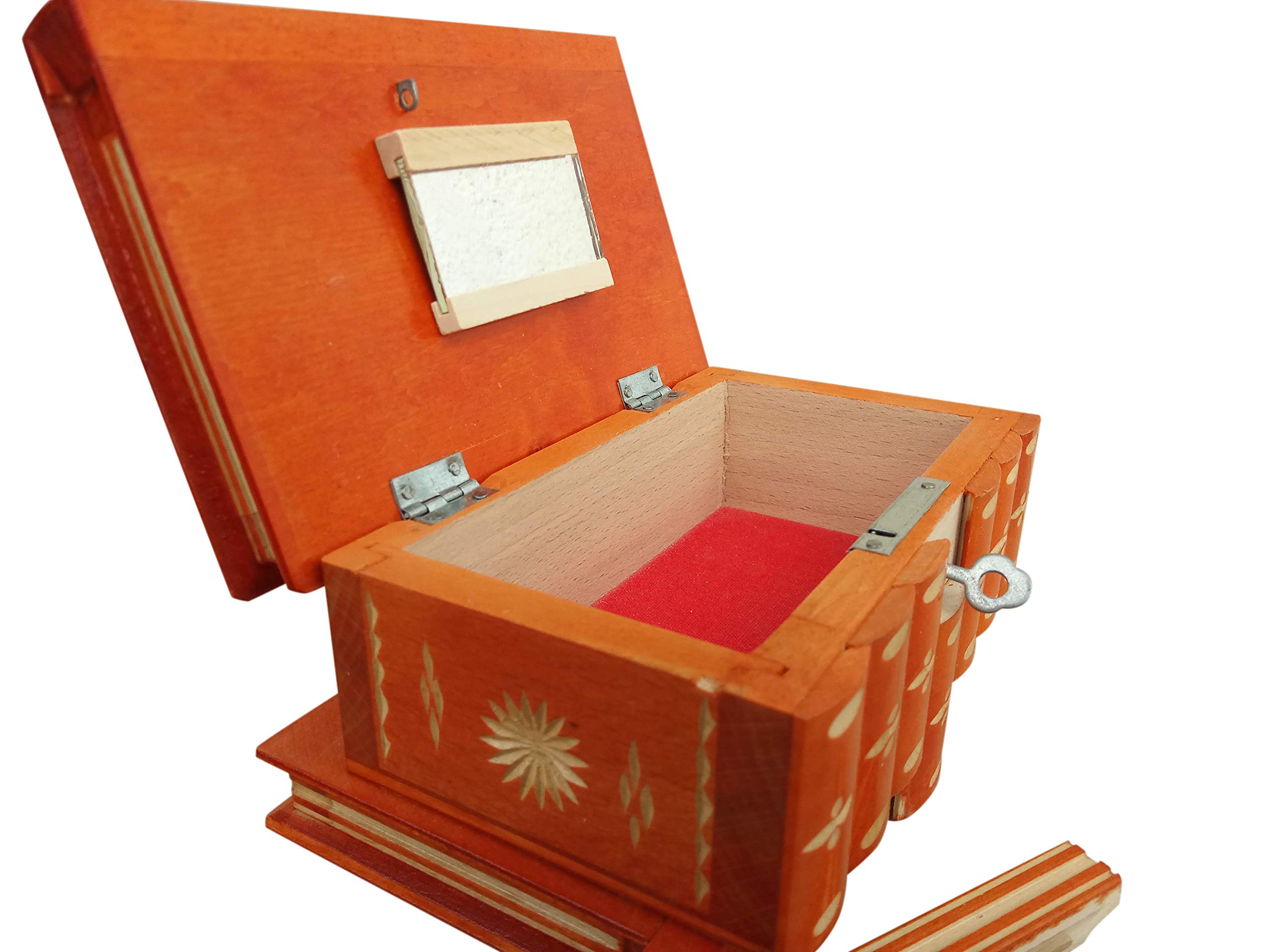 Handmade Wooden Jewelry Box with Hidden Key & Secret Compartments - Classic Carved Design for Necklaces, Rings & Valuables - Perfect for Gifts, Travel & Home Storage (Orange)