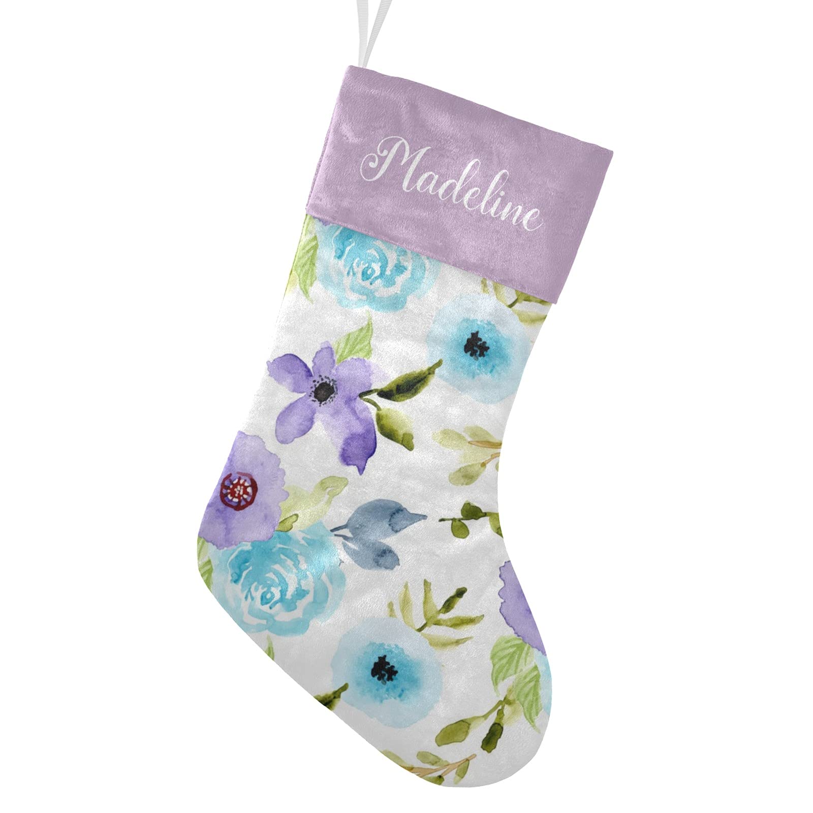 NZOOHY Blue Violet Floral Watercolor Christmas Stocking - Personalized Name Custom Sock for Fireplace Hanging, Family Holiday Party Decor - Perfect for Christmas Gift Exchange, Home Fireplace Decoration & Festive Holiday Gatherings
