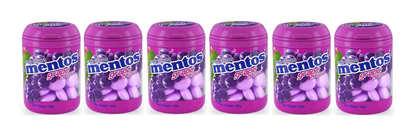 Crunchy Mint Dragees Candy - Grape Flavor, Non-Melting, 4.23oz per Bottle (Pack of 6) - Perfect for Travel, Parties, and Office Snacks