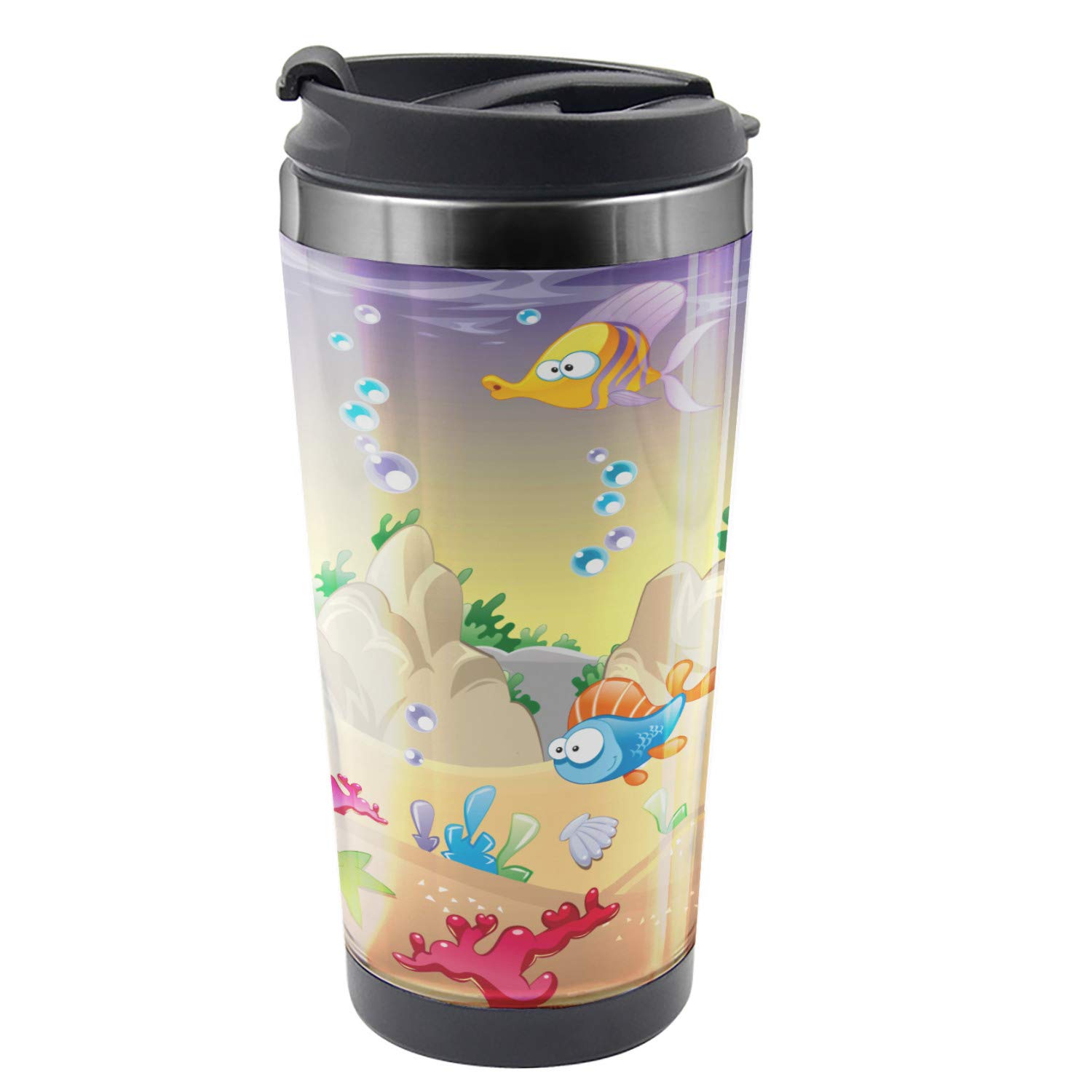 Ambesonne 16 oz Stainless Steel Travel Mug with Underwater Cartoon Design - Funny Sea Animals, Fishes, Sunken Ship & Coral Reef - Thermal Insulated Coffee Cup for Office, Commute & Outdoor Activities