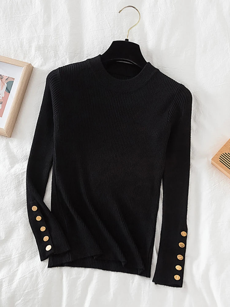 Thick Buttoned Long Sleeve O-Neck Sweater for Women - Cozy Winter Pullover for Casual Outfits & Office Wear