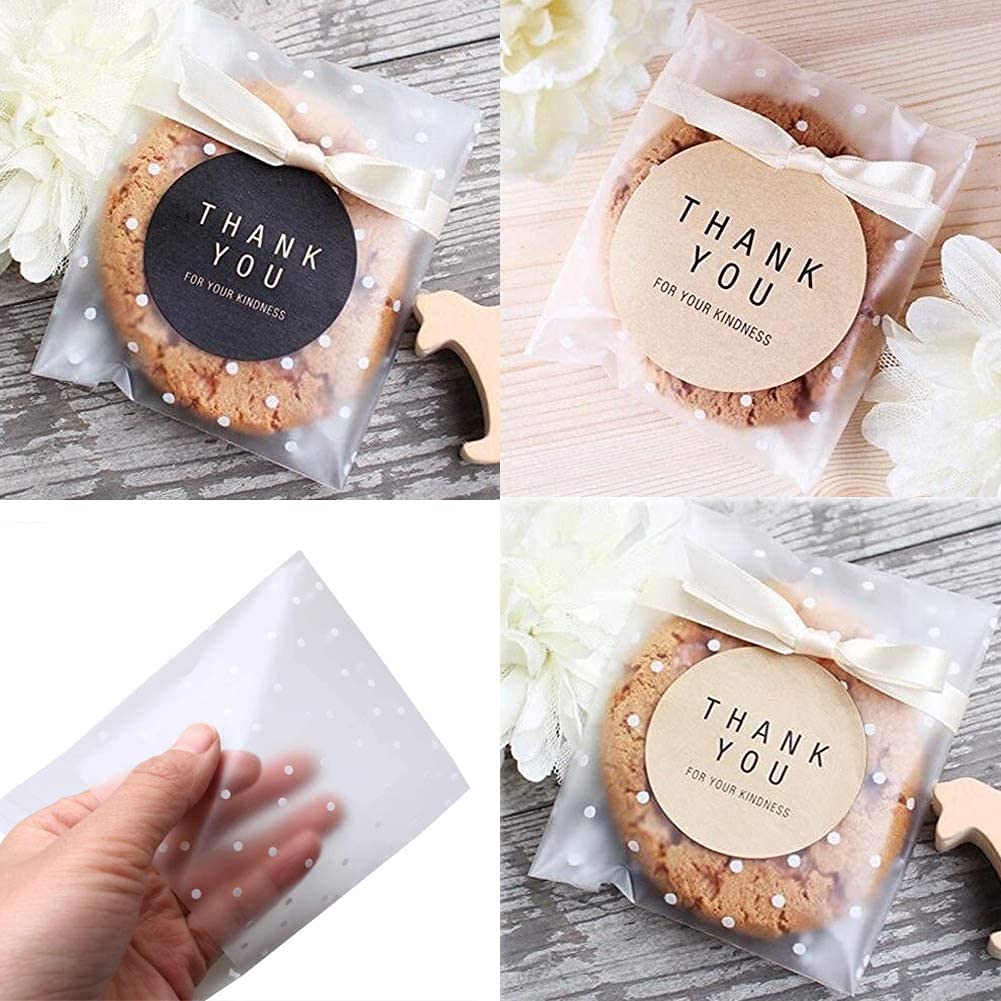 100PCS Self Adhesive Cookie Bags - Resealable Cellophane Treat Bags with White Polka Dots & Thank You Stickers - Perfect for Gift Giving, Party Favors, and Holiday Treat Packaging