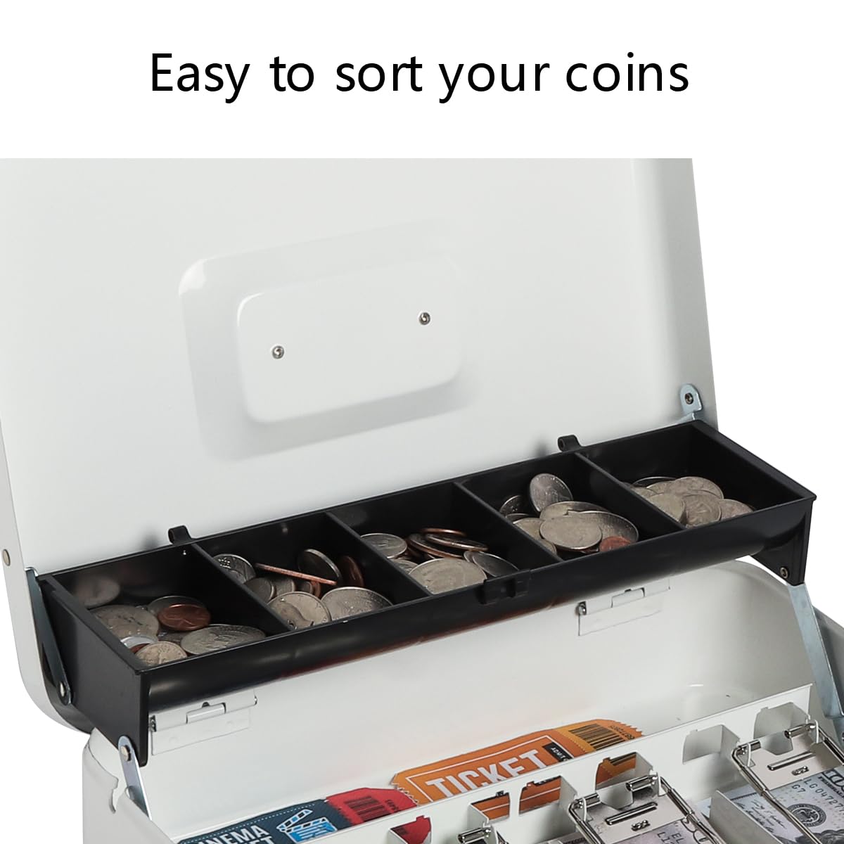 Secure White Cash Box with Money Tray & Key Lock - 11.8x9.5x3.5 Inch Large Money Organizer with Security Cable - Perfect for Retail Stores, Events, and Home Cash Management