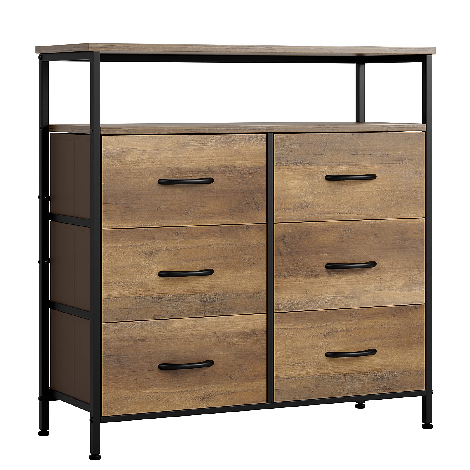 6-Drawer Fabric Dresser with 2-Tier Wood Shelves - Industrial Storage Cabinet for Bedroom, Living Room, Closet & Hallway - Rustic Brown Chest of Drawers for Home Organization & Space Saving