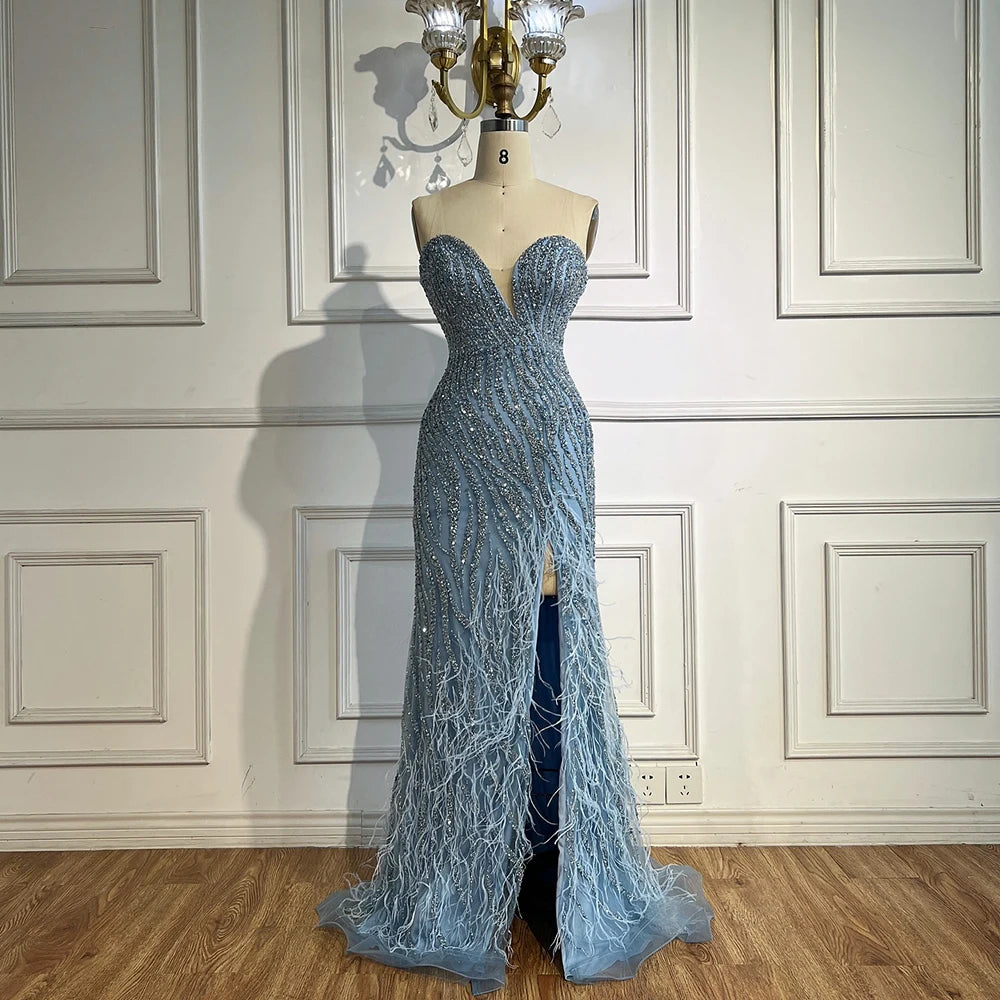 Elegant Blue Feather Beaded Evening Gown with Side Slit - LA72695 | Perfect for Prom, Gala & Formal Events