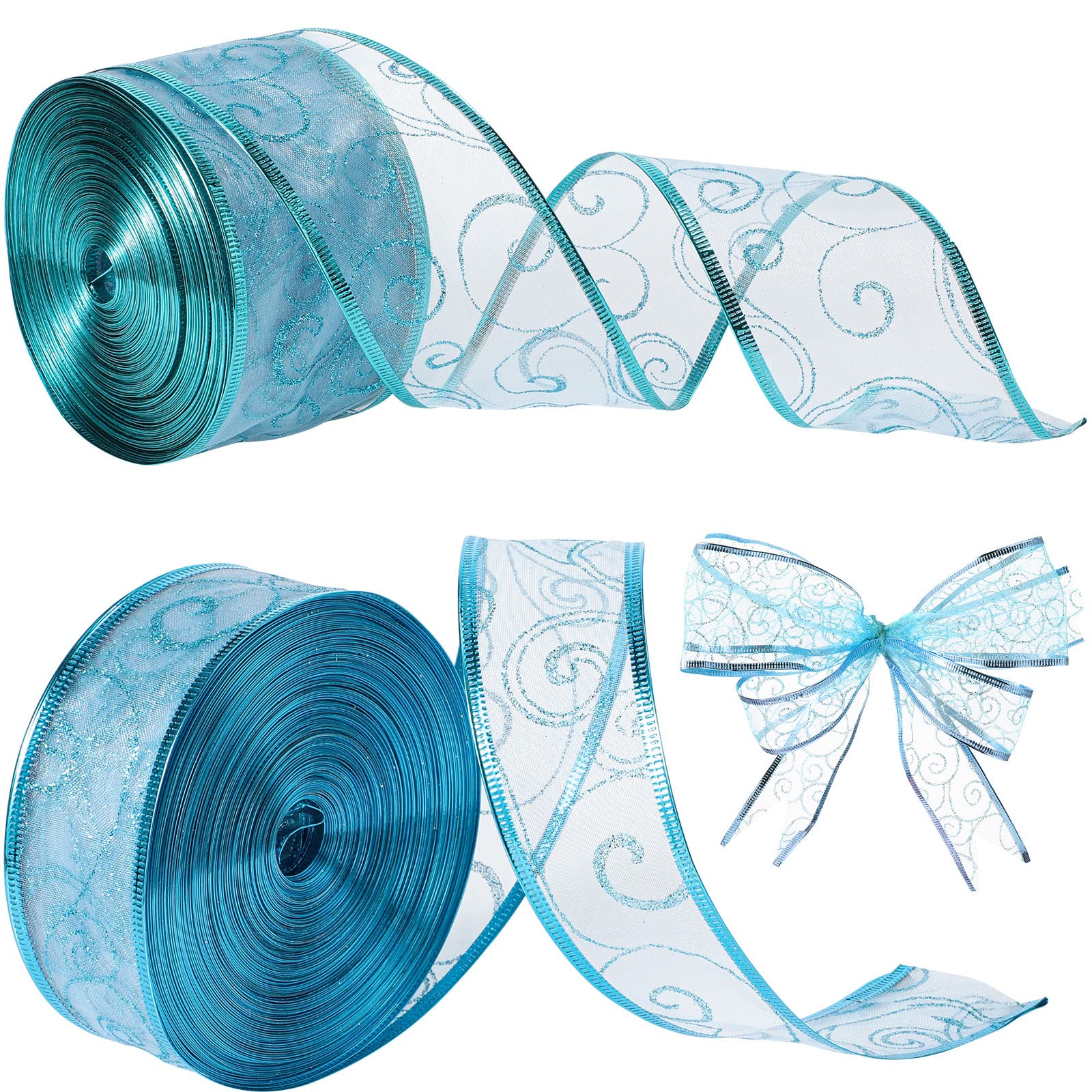 Christmas Glitter Wired Ribbon - 2 Rolls Blue Organza Swirl Ribbon for Tree & Wreath Decor