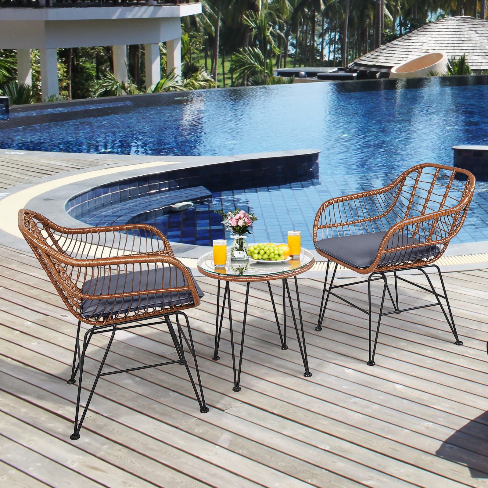 Tangkula 3-Piece Patio Conversation Bistro Set - Outdoor Wicker Furniture with Round Tempered Glass Table & 2 Rattan Armchairs, Includes Cushions - Perfect for Porch, Backyard, Garden, Poolside & Outdoor Dining