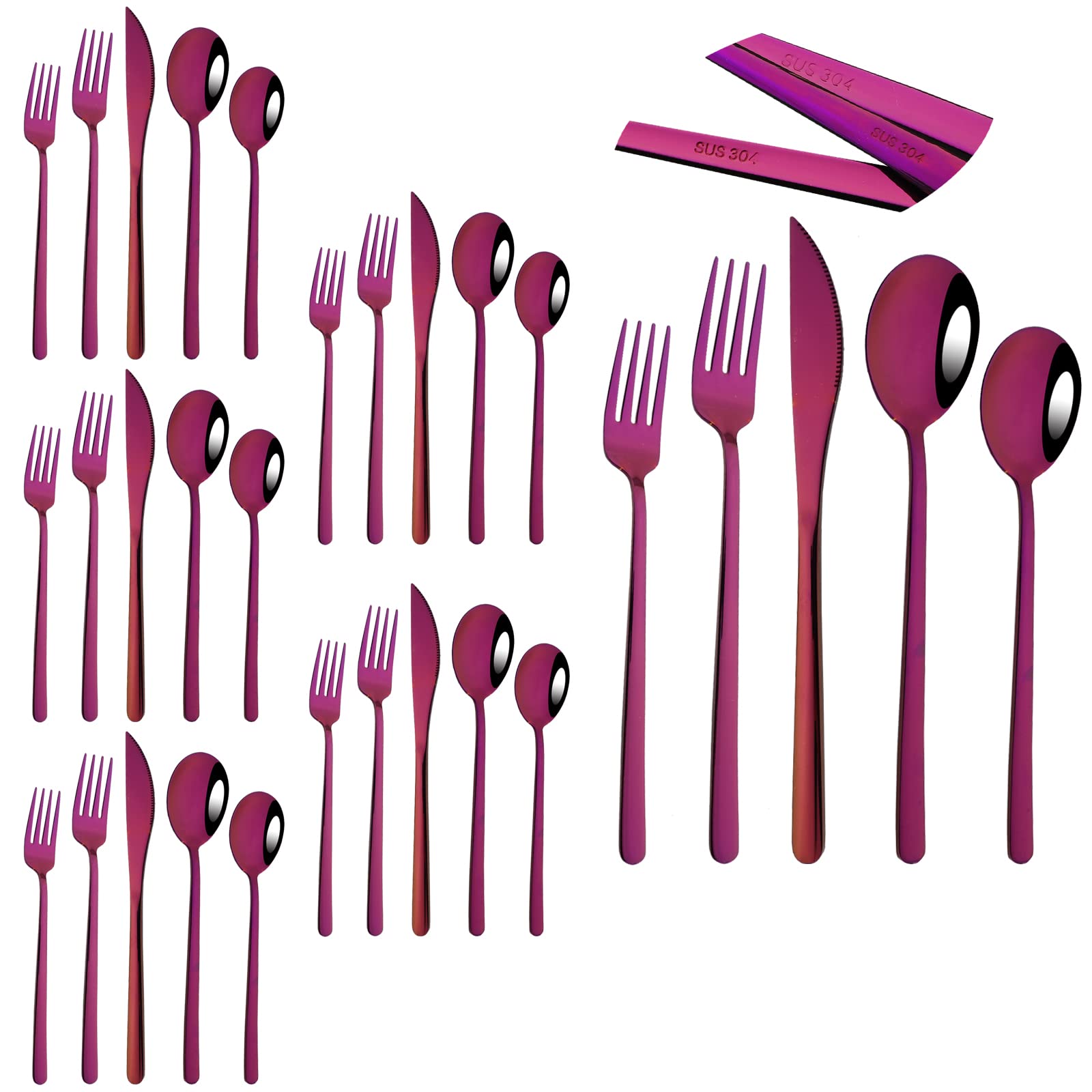 30-Piece Korean Style Silverware Set - Reusable SUS304 Stainless Steel Forks & Spoons, Mirror Finish, Dishwasher Safe - Purple | Elegant Flatware for Home Dining, Picnics, and Party Supplies