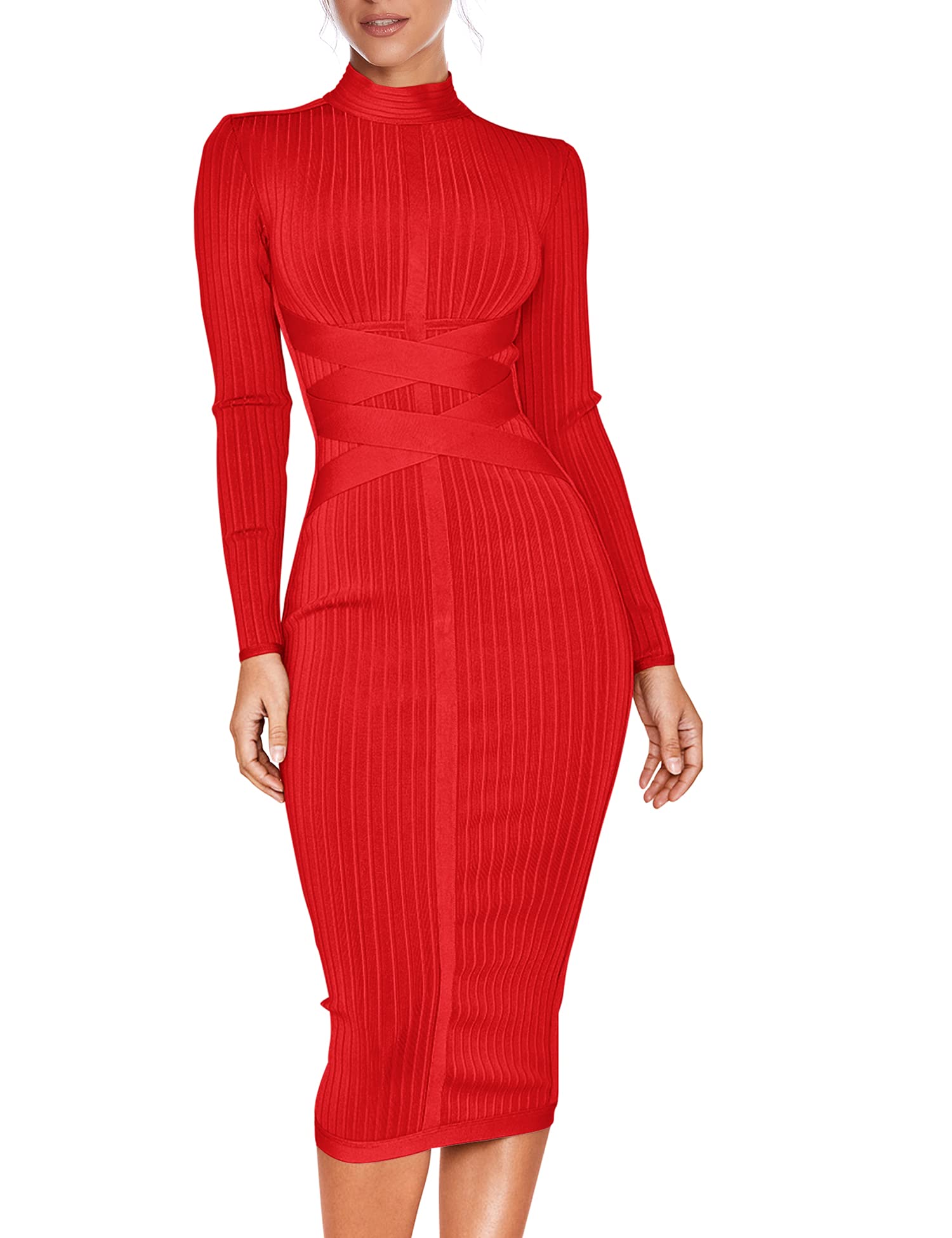 Women's Sexy Cross Strap Ribbed Bandage Bodycon Dress Long Sleeve Midi Dress for Fall Winter Party Night Out Clubwear Date Night Cocktail Dress