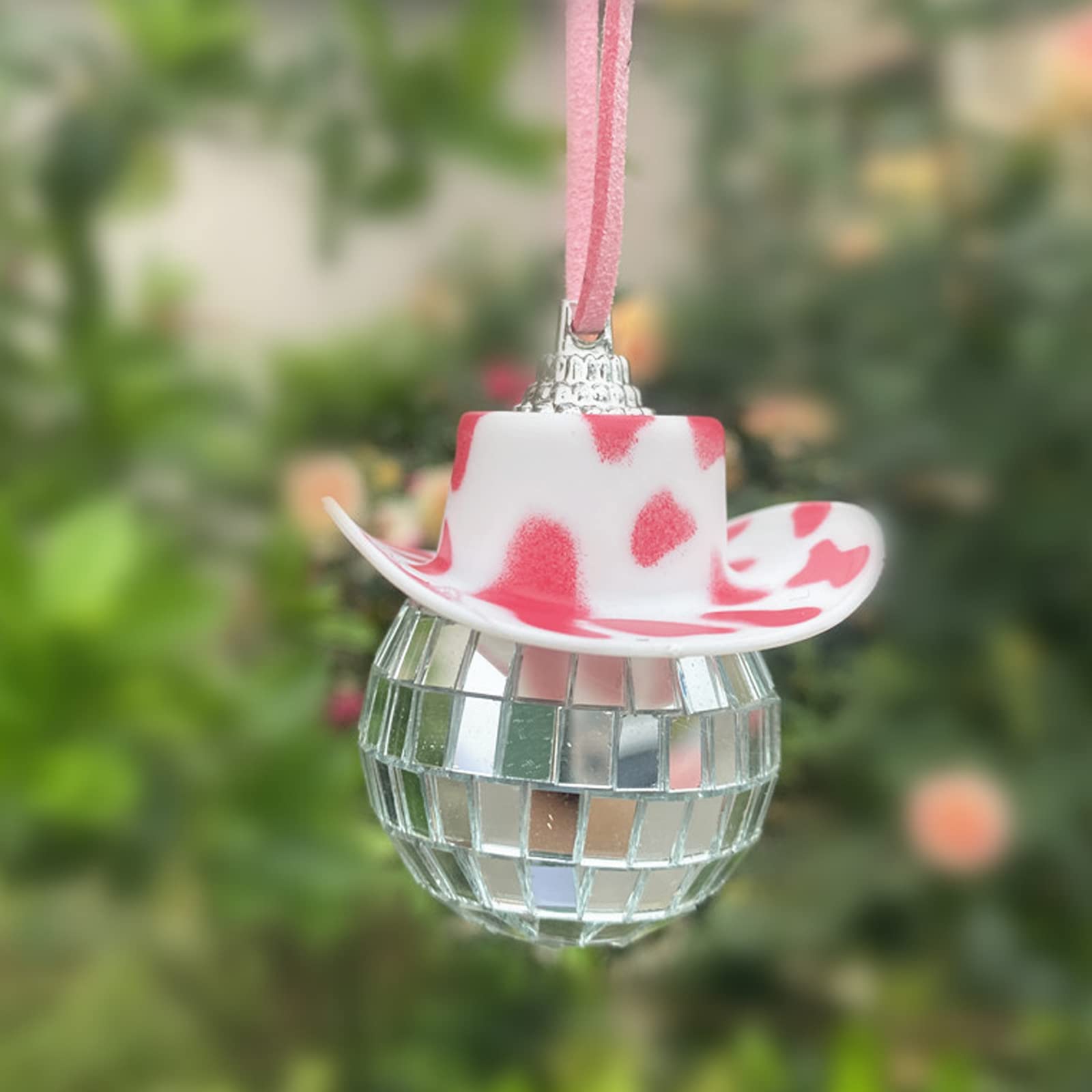 **Disco Ball Car Mirror Ornament - Pink Spot Cowboy Hat Car Charm, Hanging Accessory for Car Decor & Party Vibes | Perfect for Road Trips, Night Drives & Themed Parties**
