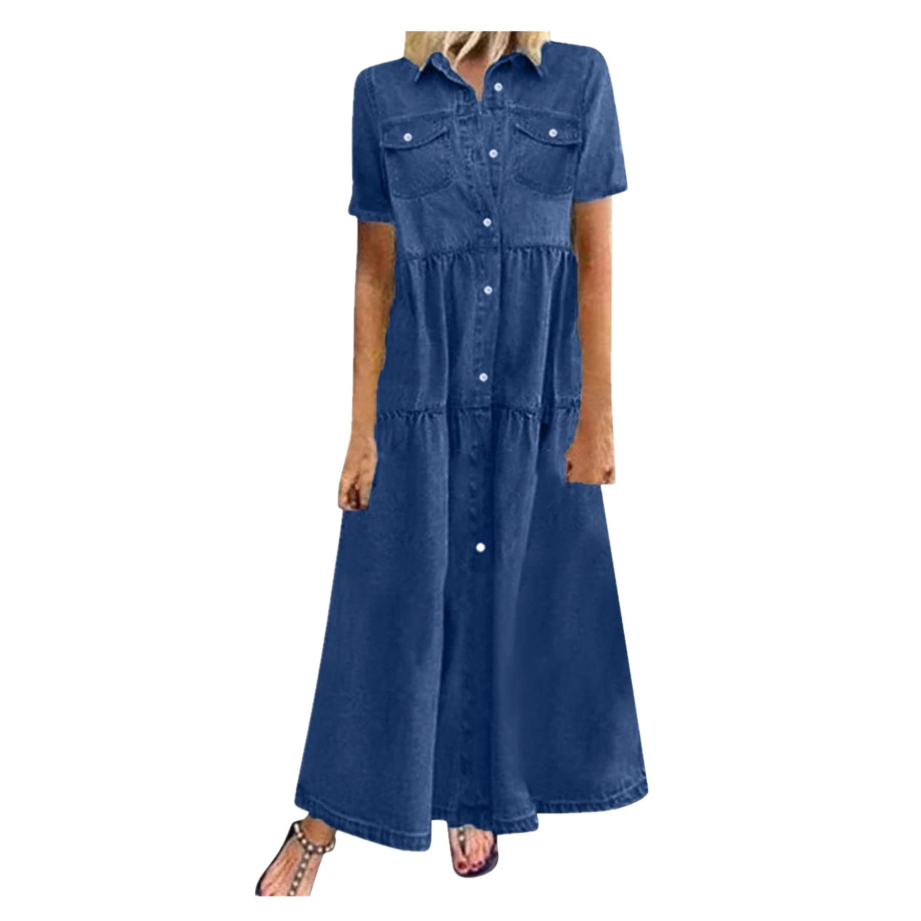 Vintage Blue Denim Button Up Maxi Dress for Women - Casual Loose Fit Long Jean T-Shirt Dress | Perfect for Summer Outings, Beach Cover-ups & Boho Fashion