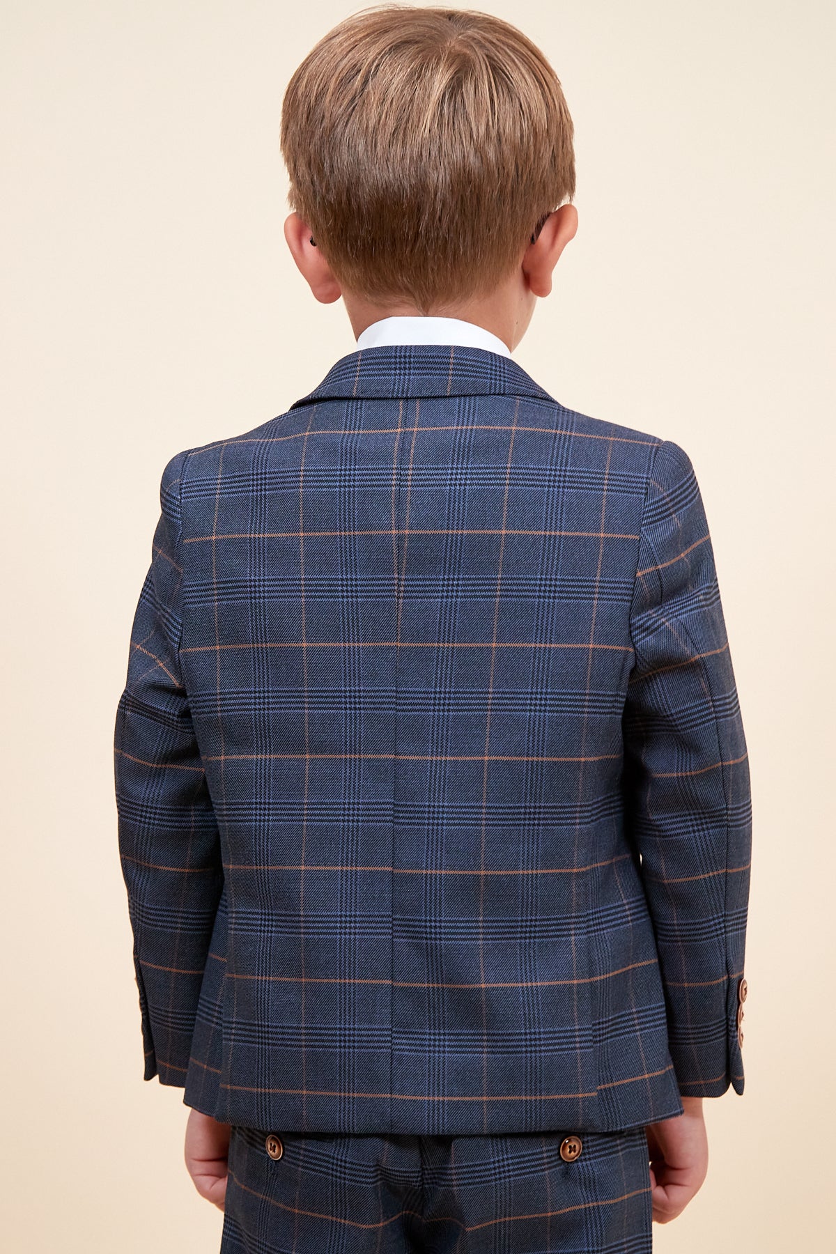JENSON Boys' Navy Blue Checkered Suit Set - Stylish Formal Wear for Kids' Parties, School Events & Family Photos