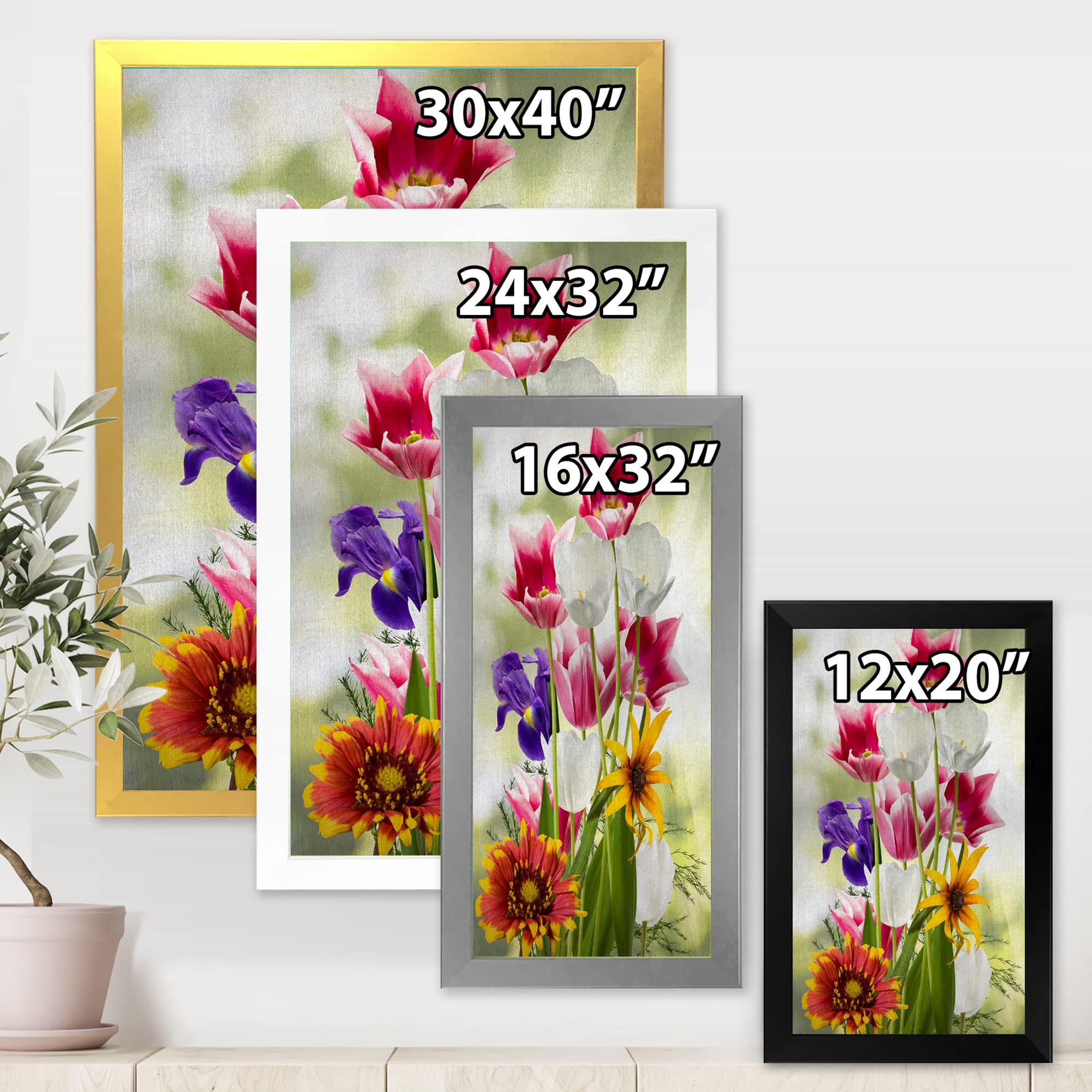 Vibrant Red Purple & Yellow Wildflowers Traditional Framed Wall Art - Floral Home Decor for Living Room, Bedroom & Office