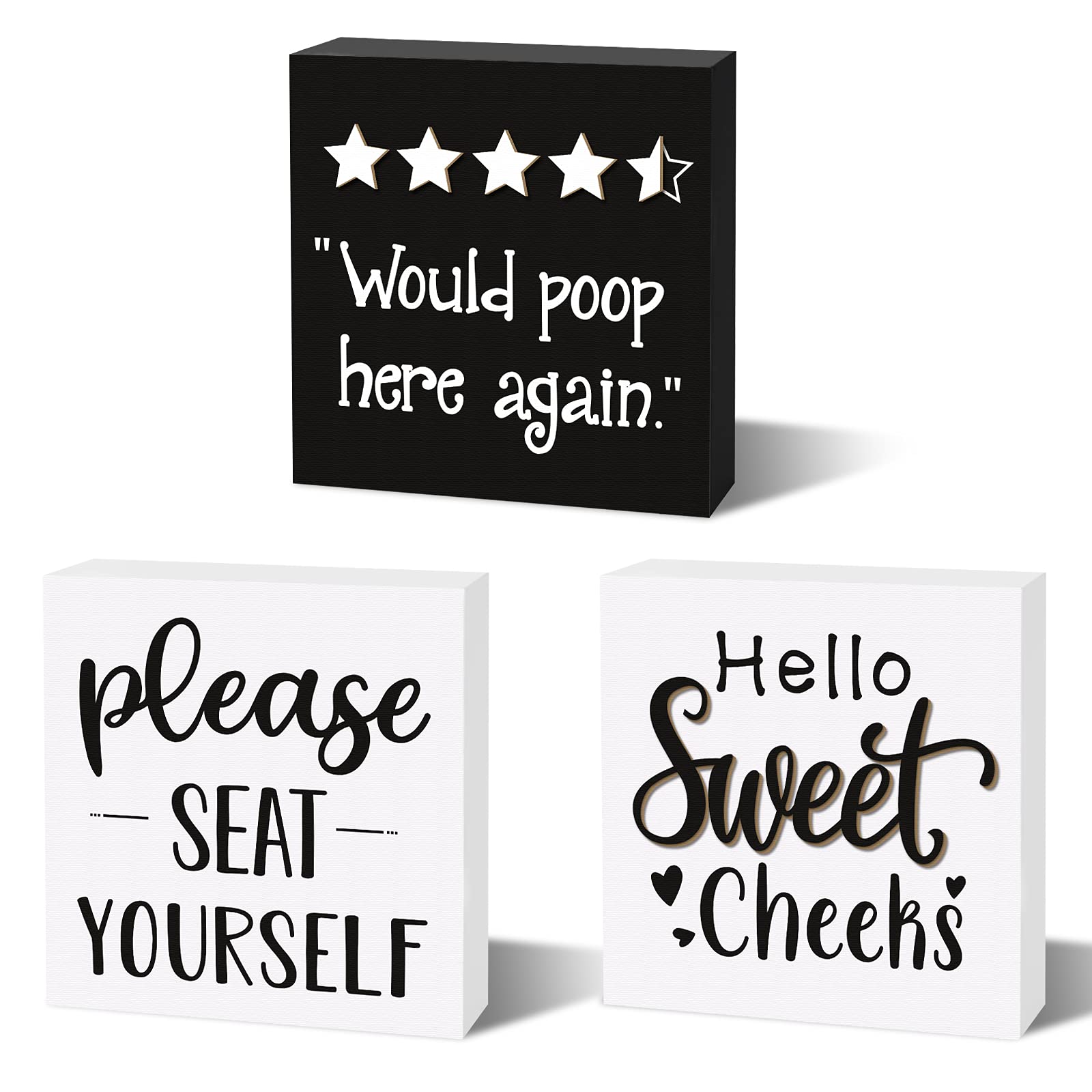 Funny Bathroom Signs Set of 3 - Farmhouse Wooden Wall Decor with Humorous Sayings - Freestanding Quarter Bath Mini Blocks for Restroom, Powder Room & Guest Bath Decorations - Perfect for Farmhouse, Rustic or Vintage Style Homes
