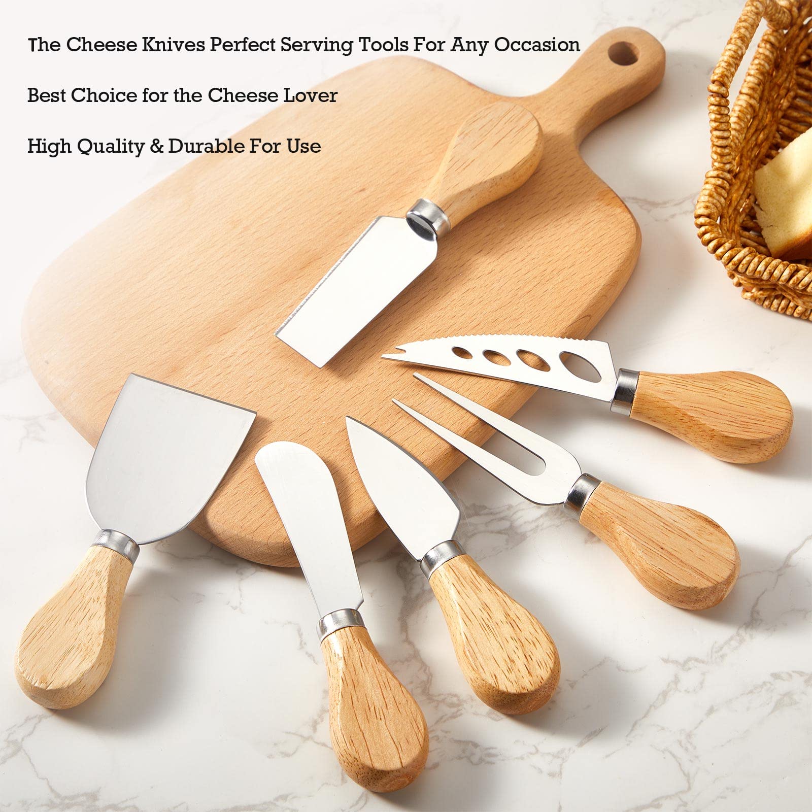Premium 6-Piece Stainless Steel Cheese Knife Set with Oak Handle - Cheese Slicer, Fork & Shovel for Entertaining - Perfect for Family Gatherings, Parties, Halloween & Christmas Celebrations | Elegant Cheese Cutting Tools for Charcuterie Boards & Wine Pairings