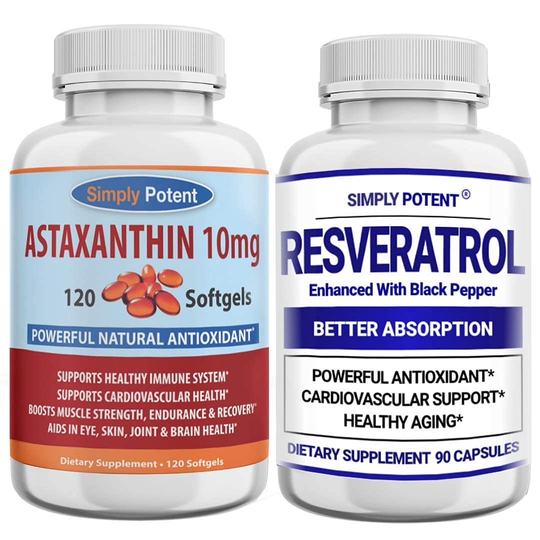 Simply Potent Astaxanthin & Resveratrol Supplement Bundle - Powerful Antioxidant Combo for Immune Support, Skin Health & Anti-Aging - Perfect for Daily Wellness, Gym Recovery & Travel Essentials