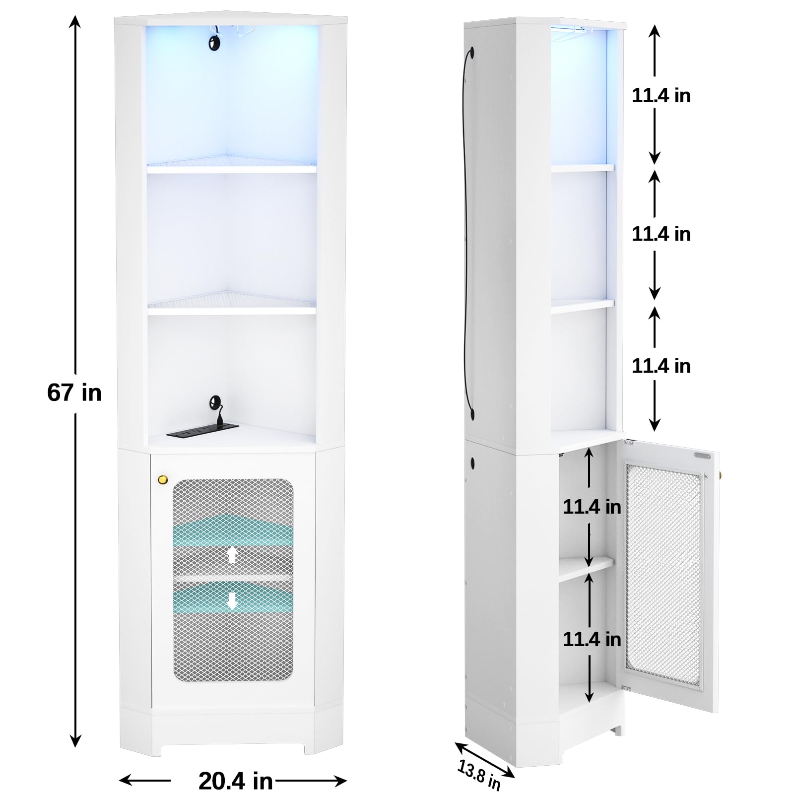 5-Tier White Corner Shelf with Power Outlet & LED Light - Glass Holder Storage Cabinet for Living Room, Kitchen, Bar - Space-Saving Display Unit for Small Spaces & Home Decor