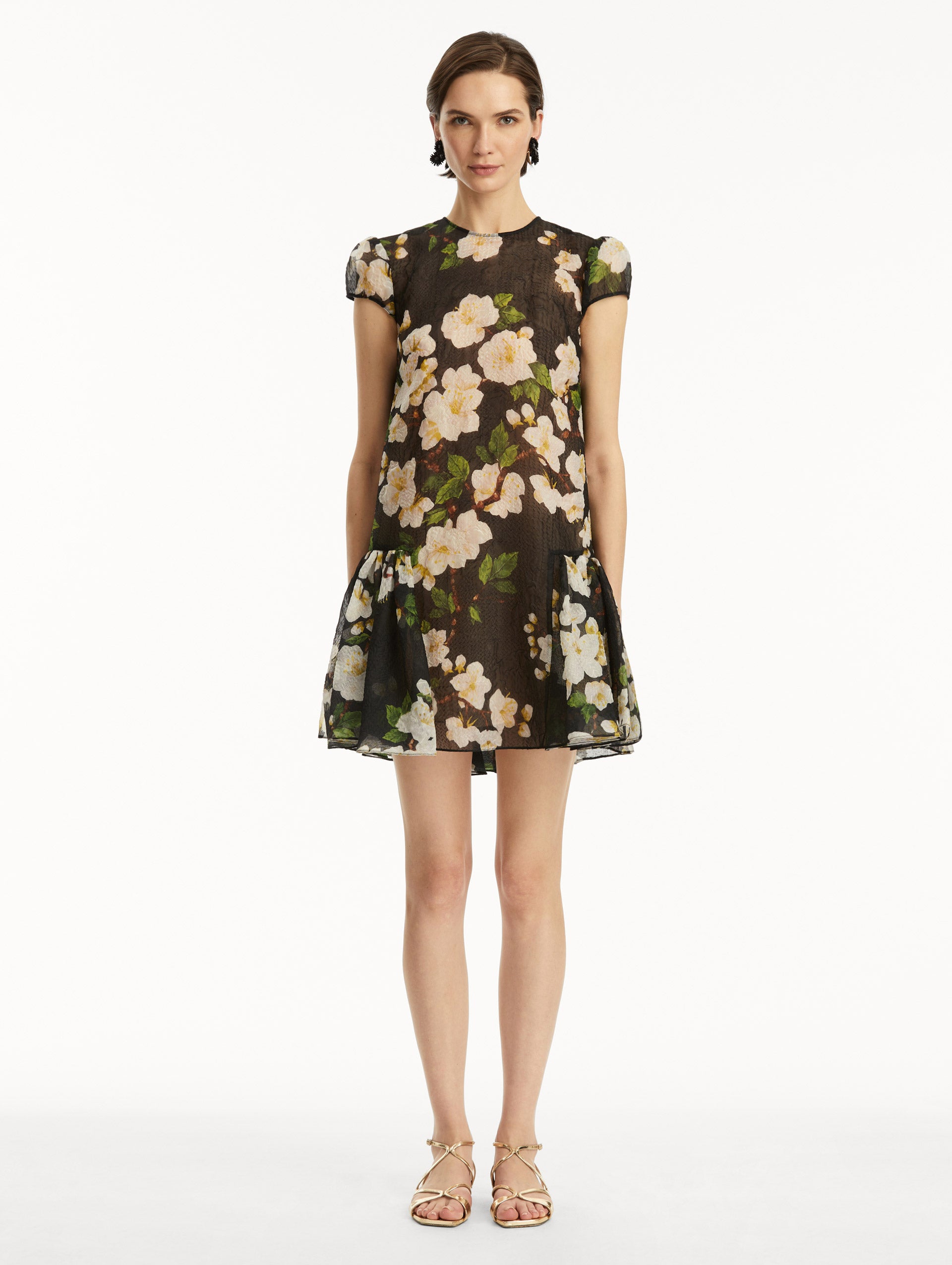 Elegant Drop Waist Cherry Blossom Cloqué Dress for Women - Floral Print Party & Wedding Guest Dress - Perfect for Spring Events, Date Nights & Special Occasions