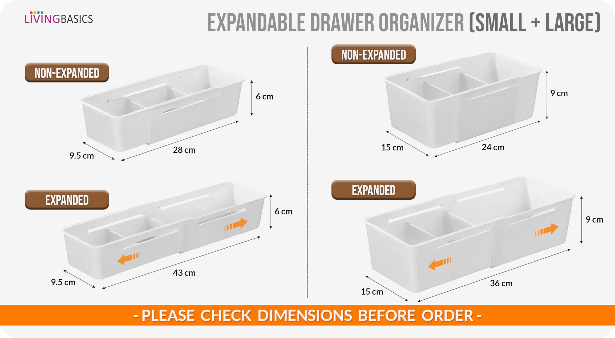 LIVINGBASICS 2 Large 3 Small Expandable Drawer Organizer Set - Adjustable Storage Tray & Divider for Kitchen, Office, Bathroom - White PPCP Plastic Organizer for Utensils, Makeup, Office Supplies