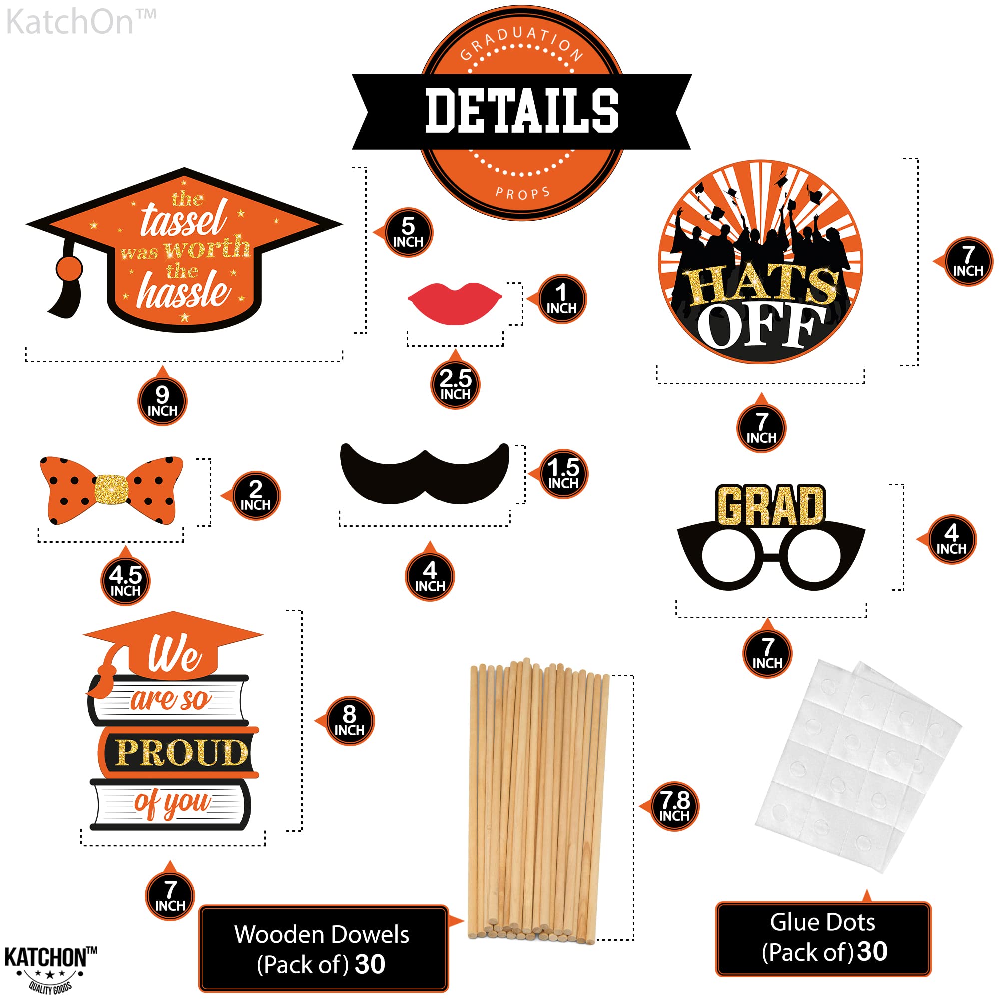 KatchOn 2025 Graduation Photo Booth Props - 30-Pack Glitter Orange & Black Decorations for Class of 2025 | Perfect for Graduation Parties, Photo Backdrops & School Events