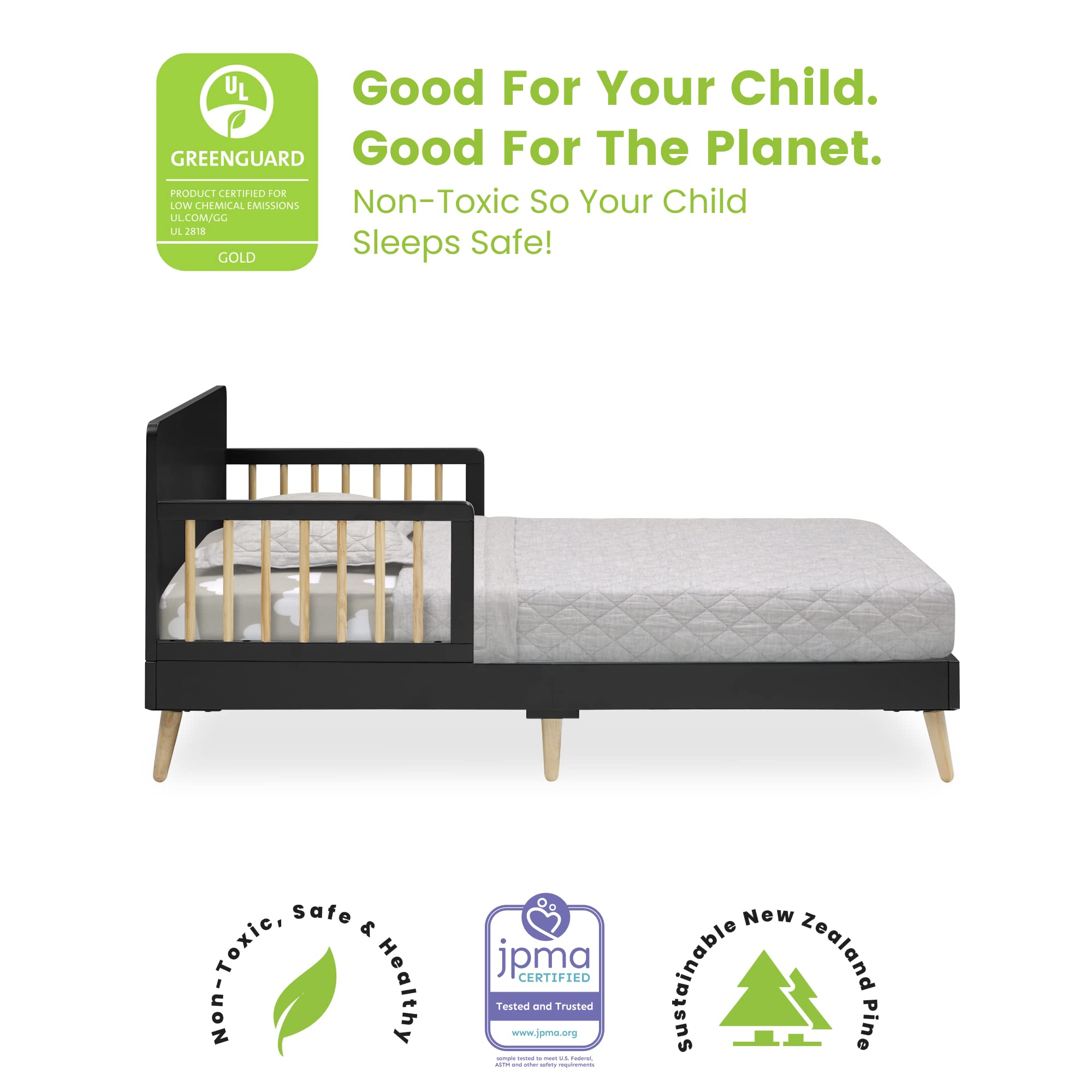 Delta Children Logan Wood Toddler Bed with Simmons Kids SlumberTime Naturally 2-Stage Premium Foam Mattress - Waterproof, GREENGUARD Gold Certified - Midnight Grey/Natural - Perfect for Nursery, Daycare & Toddler Bedroom Transition