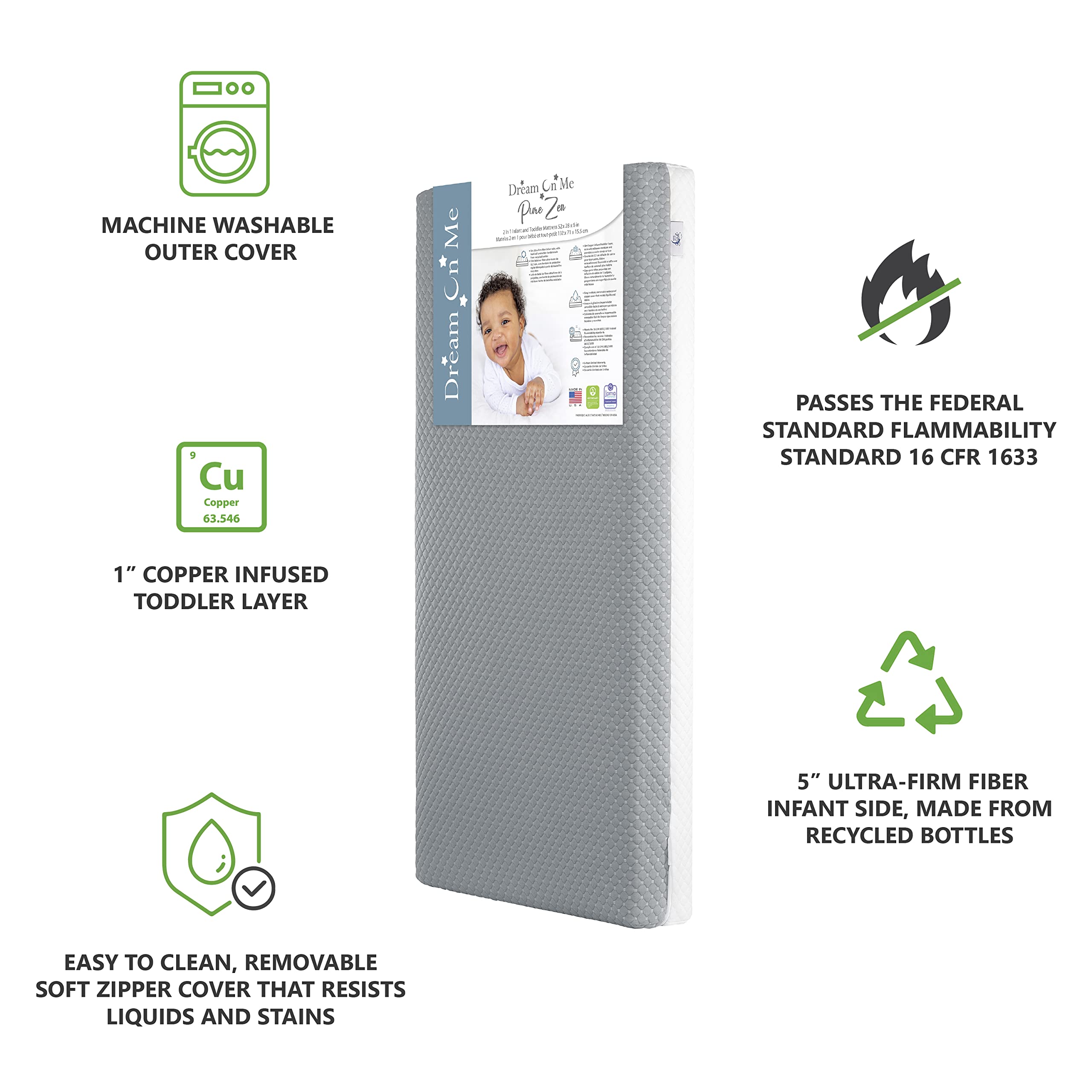 Dream On Me 2-in-1 Convertible Crib Mattress & Toddler Bed - GREENGUARD Gold & JPMA Certified - Copper-Infused Layer - Removable Washable Cover - Pure Zen White & Grey - Perfect for Nursery & Daycare Use