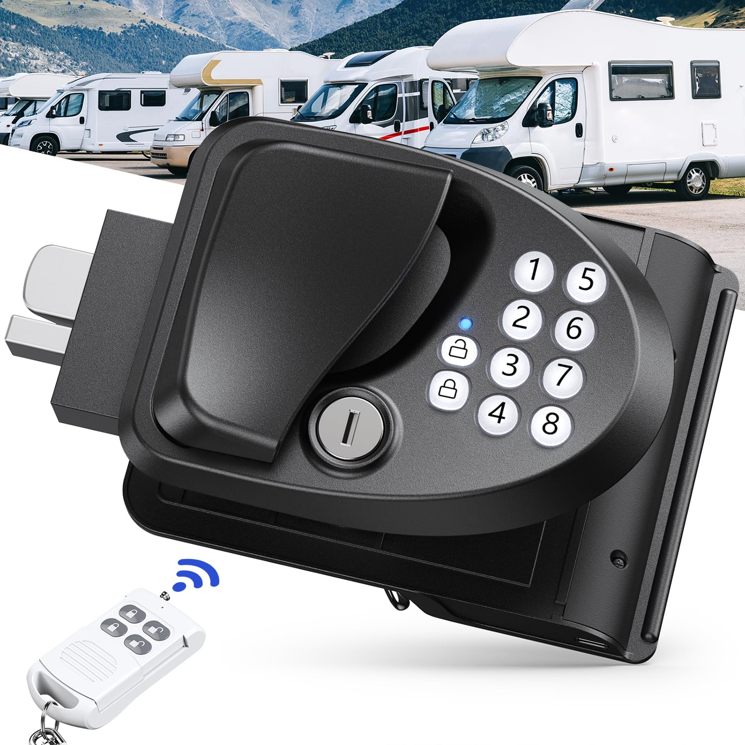 Waterproof RV Keyless Entry Door Lock with Password, 2 Fobs & 4 Keys - All Metal RV Door Latch Replacement for Trailers (Fits 2.75