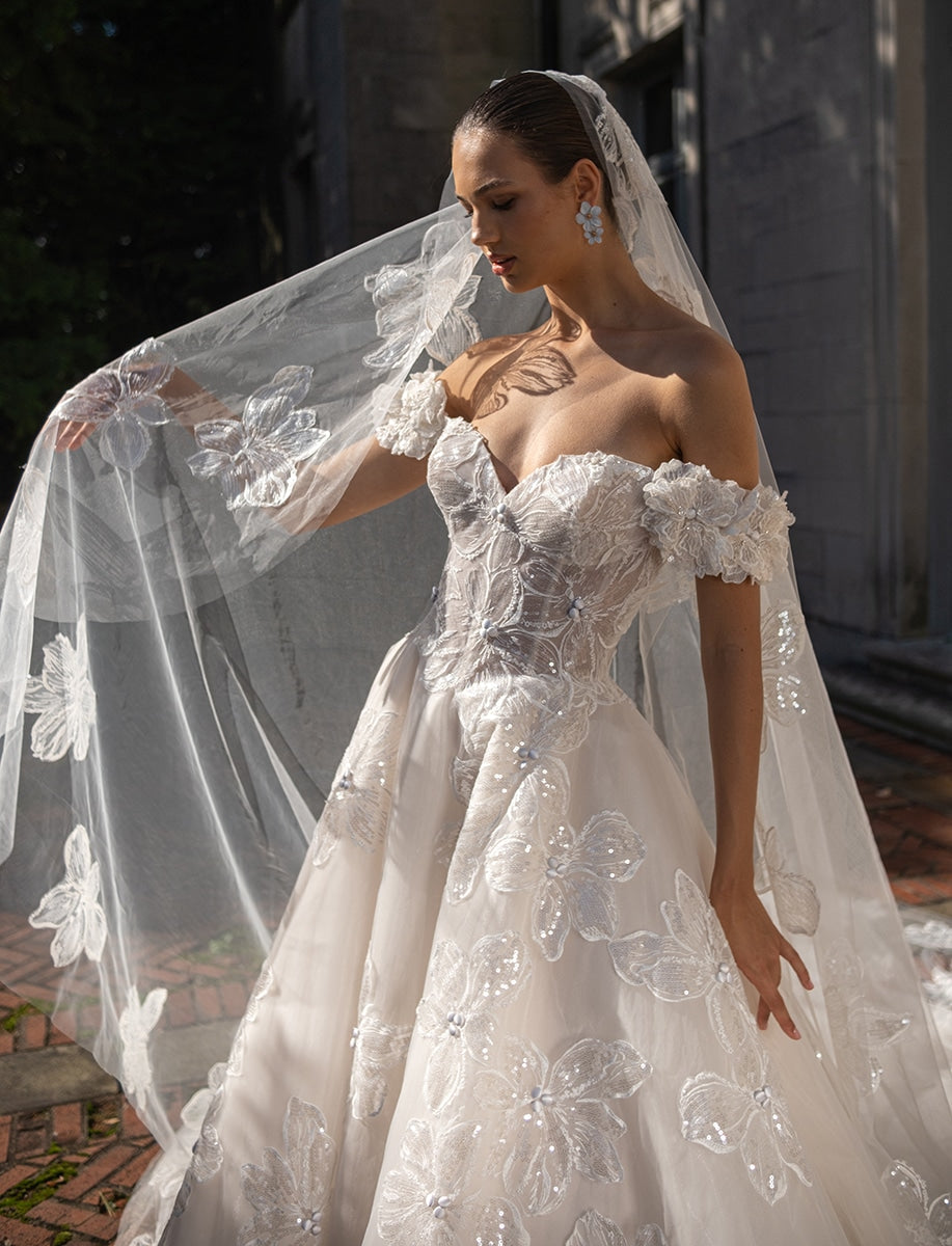 Elegant Off Shoulder Ball Gown Wedding Dress with Sequin Floral Appliqués & Illusion Corset Bodice - Perfect for Brides, Prom, Quinceañera & Formal Events