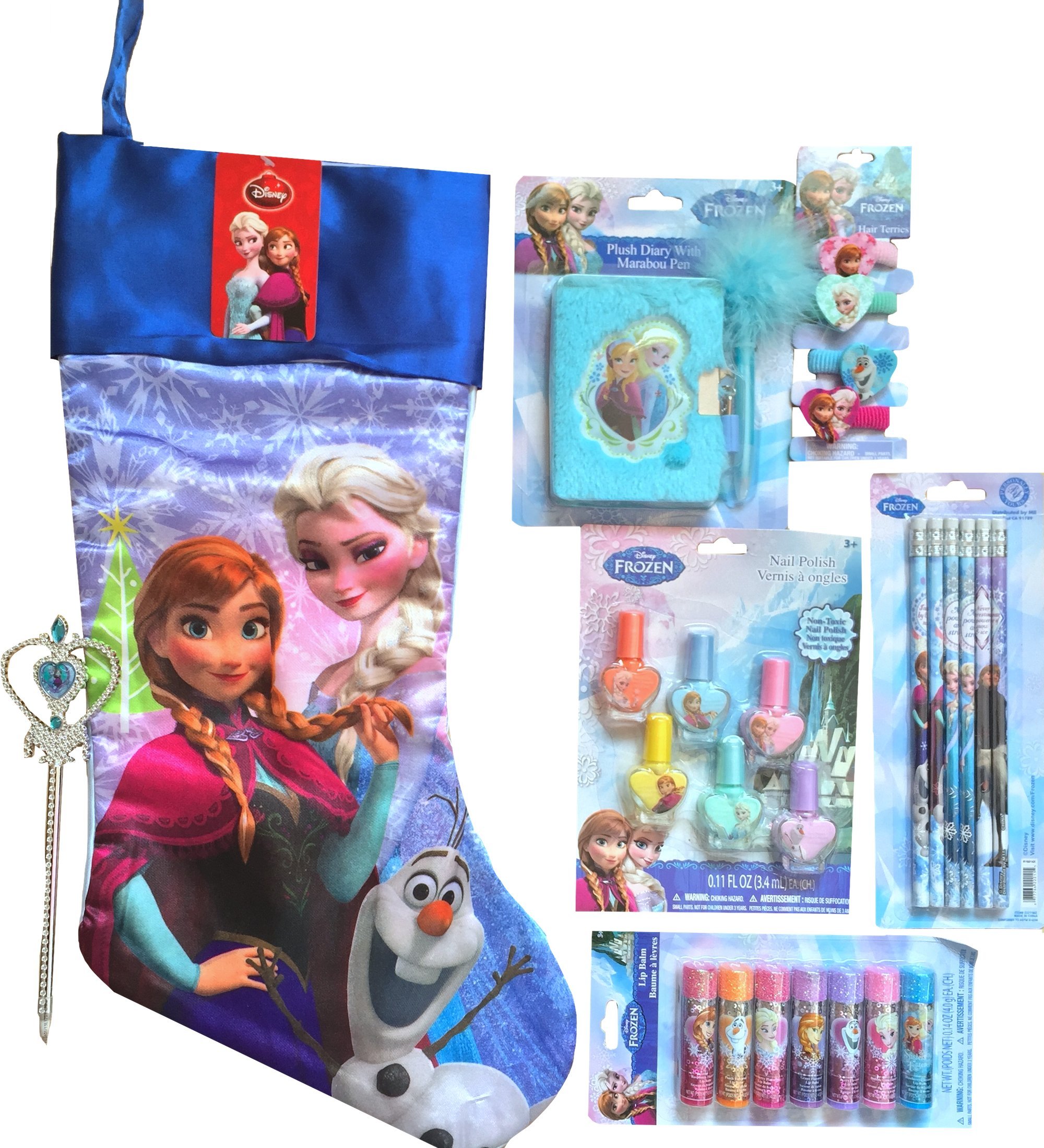 Disney Frozen Anna and Elsa Christmas Stocking Stuffer Gift Set - Includes Magic Wand Pen, Plush Diary, Hair Ties, Nail Polish, Pencils & Lip Balms - Perfect Holiday Gift for Kids & Disney Fans