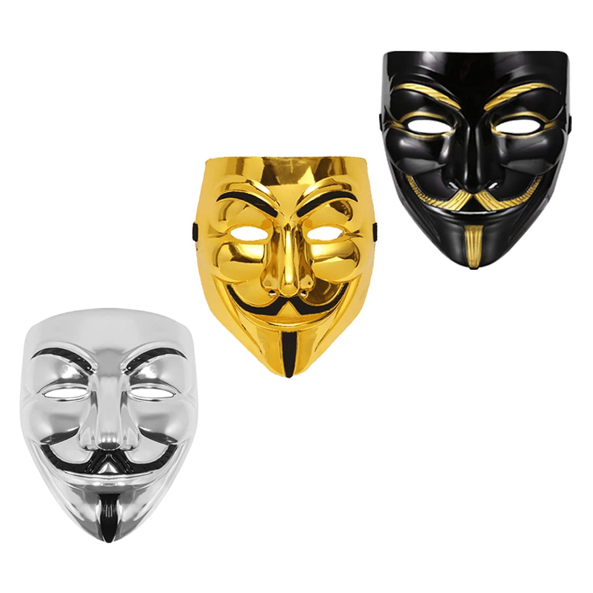 V for Vendetta Face Mask Set of 3 - Black, Gold & Silver Anonymous Cosplay Masks | Perfect Fit Fawkes Mask for Halloween, Protests & Movie Costumes