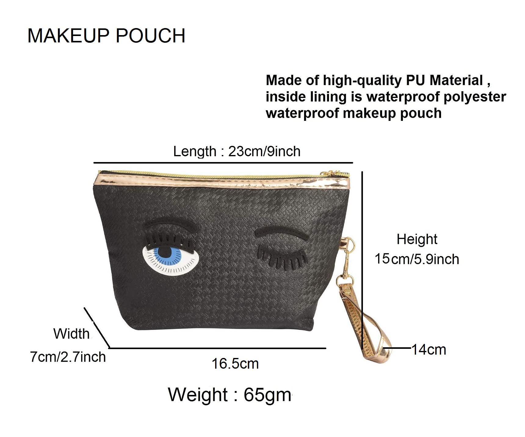STRIPES® Wink Design Black Cosmetic Bag for Women | Makeup Pouch, Toiletry Organizer with Detachable Hand Strap | Travel Essentials & Stylish Handbag for Daily Use, Gym, and Vacations