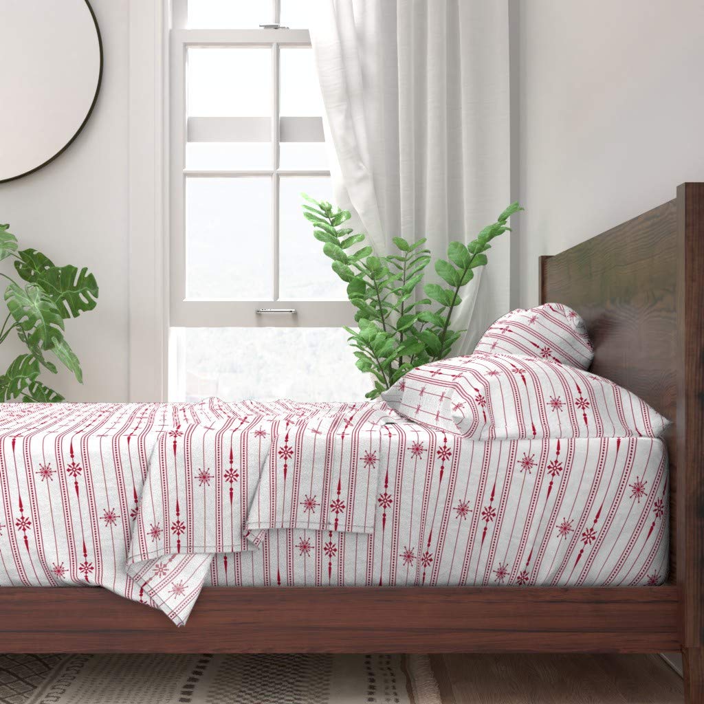 Premium 100% Cotton Twin 3-Piece Sheet Set - Christmas Snowflakes Winter Holiday Print Bedding with Red & White Lines | Cozy Seasonal Home Decor for Festive Bedrooms