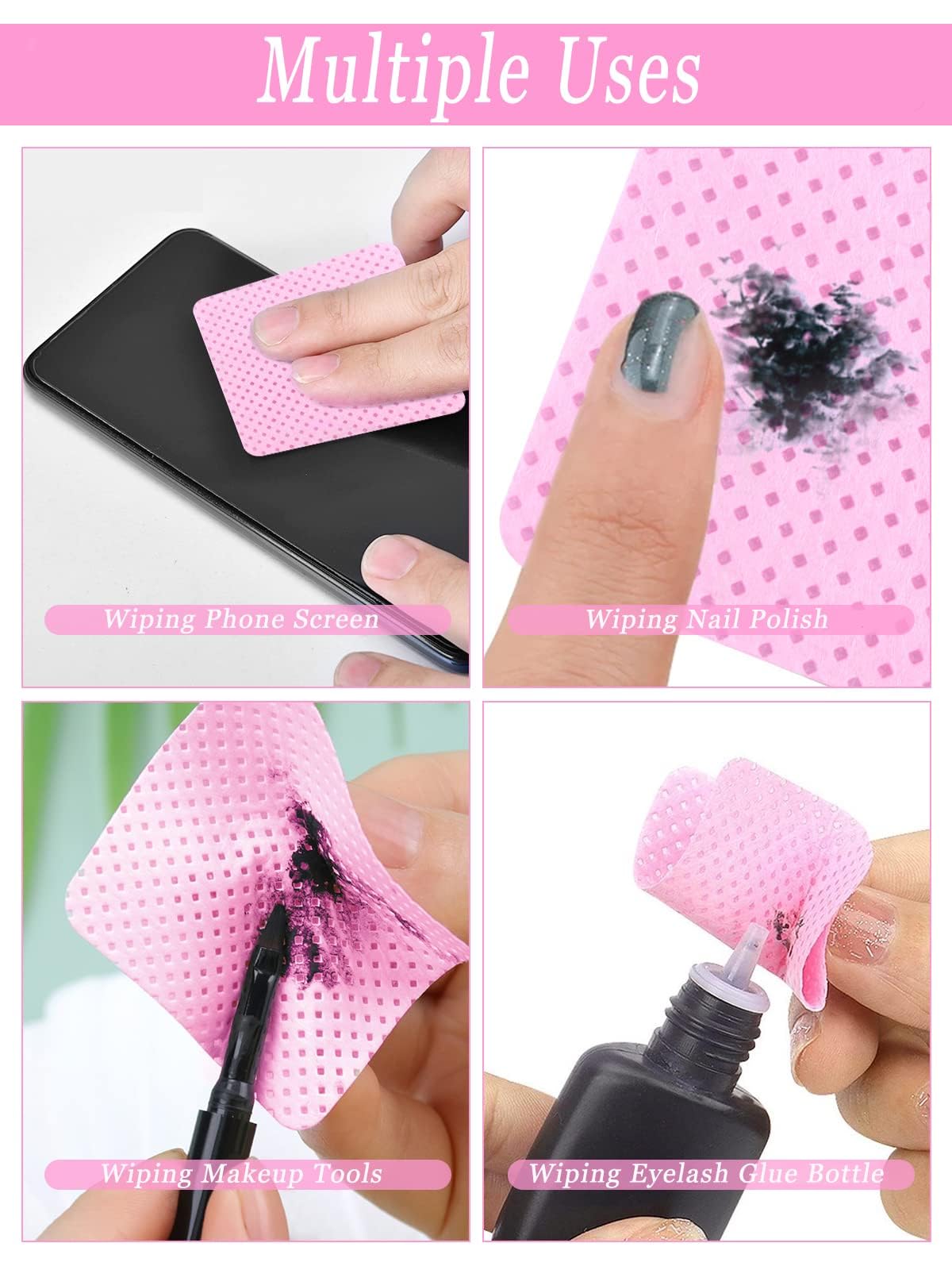 800 PCS Lint-Free Nail Wipes & Eyelash Extension Glue Remover Pads - Hypoallergenic Adhesive Cleaning Wipes for Lash Extensions, Nail Polish Removal & Beauty Salon Supplies (Pink) - Perfect for Professional Lash Technicians & DIY Home Use