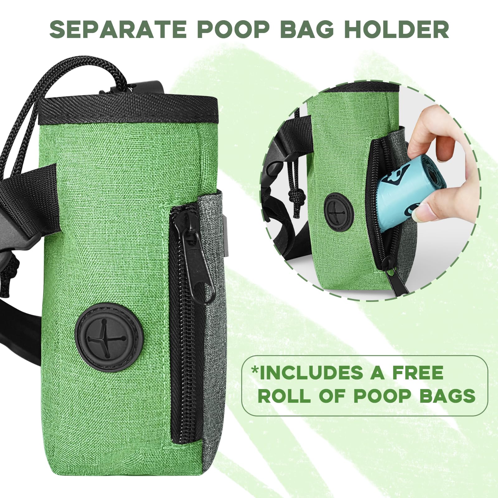 Premium Dog Treat Pouch - Large Capacity Pet Training Bag with Fashionable Green & Grey Design - Perfect for Dog Walks, Outdoor Adventures, Travel & Obedience Training - Includes Free Poop Bags - Ideal for Hiking, Park Visits & Daily Dog Care