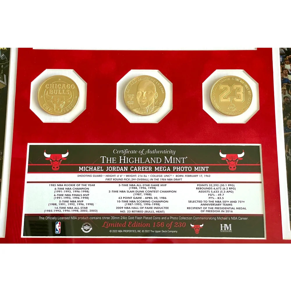 Michael Jordan Chicago Bulls 6x NBA Champion Gold Coin Collage Framed Art - Limited Edition #D/230 - Perfect for Sports Memorabilia Collections & Man Cave Decor
