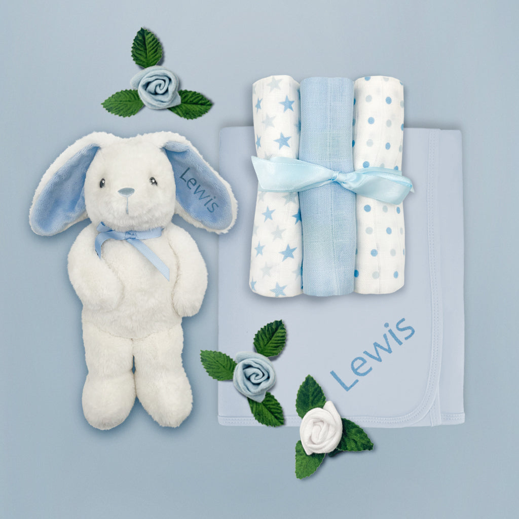 Personalized Baby Boy Gift Set with Little Blue Bunny - Newborn Baby Shower Present for Boys - Perfect for Birthdays, Christenings, and First Christmas Gifts