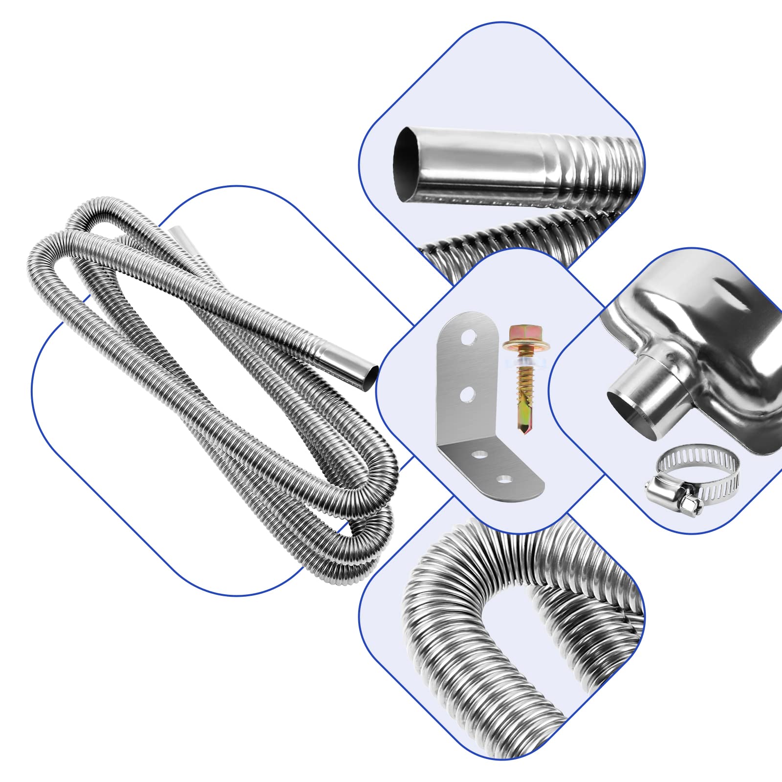 Diesel Heater Exhaust Pipe Kit - 200cm Stainless Steel with Muffler & Clamps, 1
