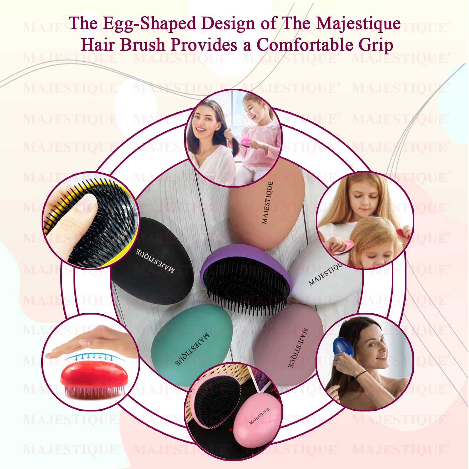 Majestique Egg Shaped Detangling Hair Brush for Women & Men - Anti-Static Hair Comb Reduces Breakage & Frizz - Anti-Dandruff Scalp Massager Brush (Color May Vary) | Perfect for Daily Styling, Travel & Salon Use