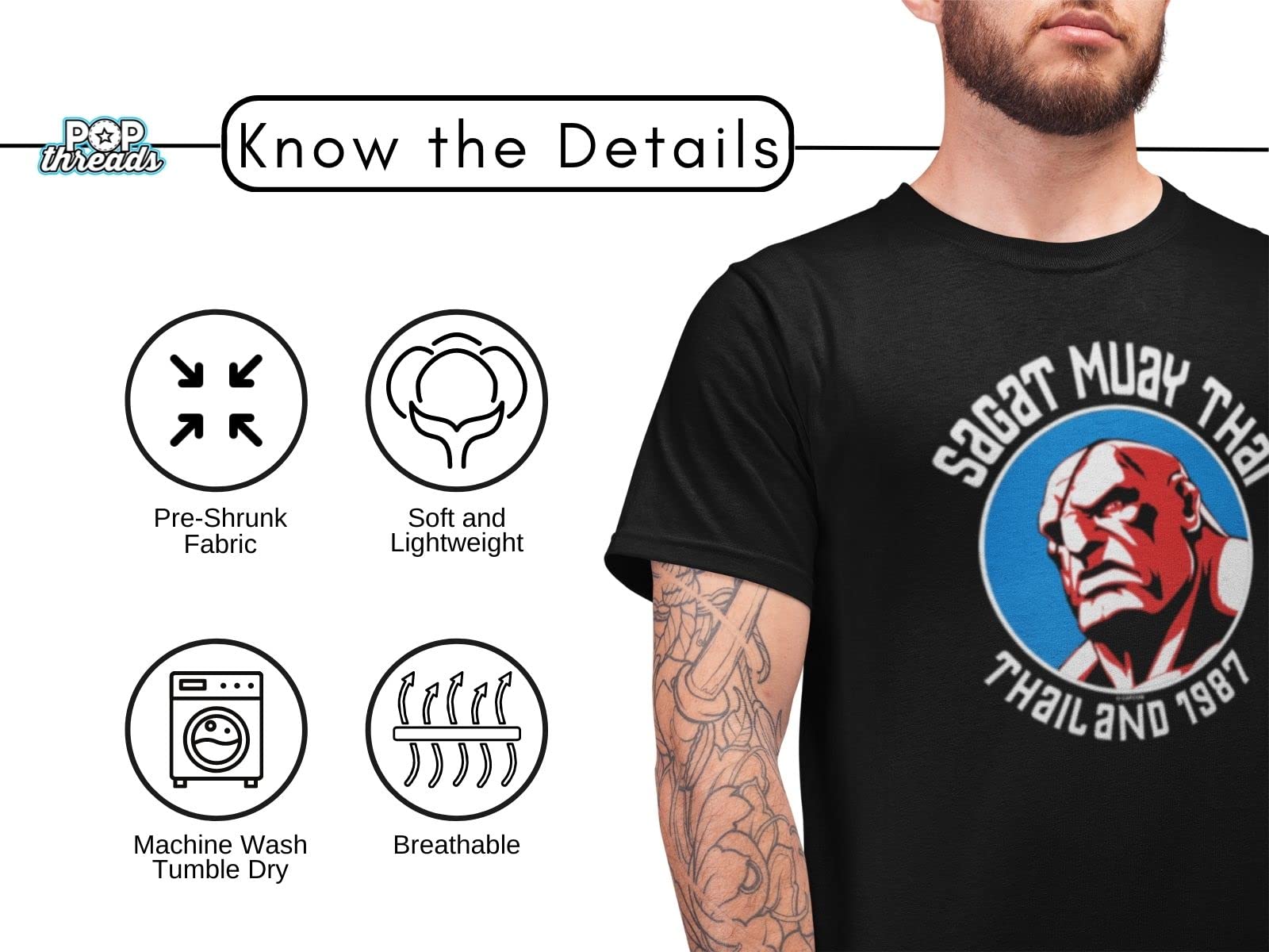 Pop Threads Sagat Street Fighter Graphic T-Shirt for Men - Muay Thai Master Arcade Gaming Tee | Perfect for Cosplay, Gaming Events & Streetwear Fashion