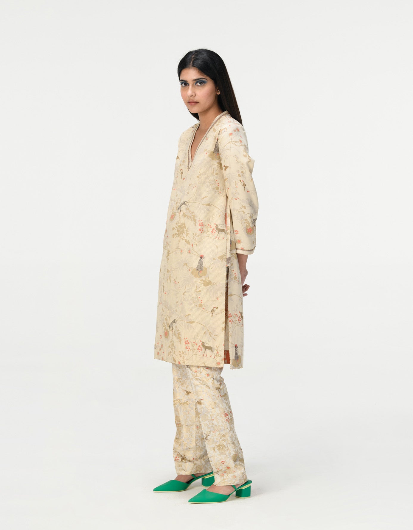Roshan V Neck Kurta for Women - Elegant Muga Satin Ivory Indian Ethnic Wear - Perfect for Festivals, Weddings & Cultural Events