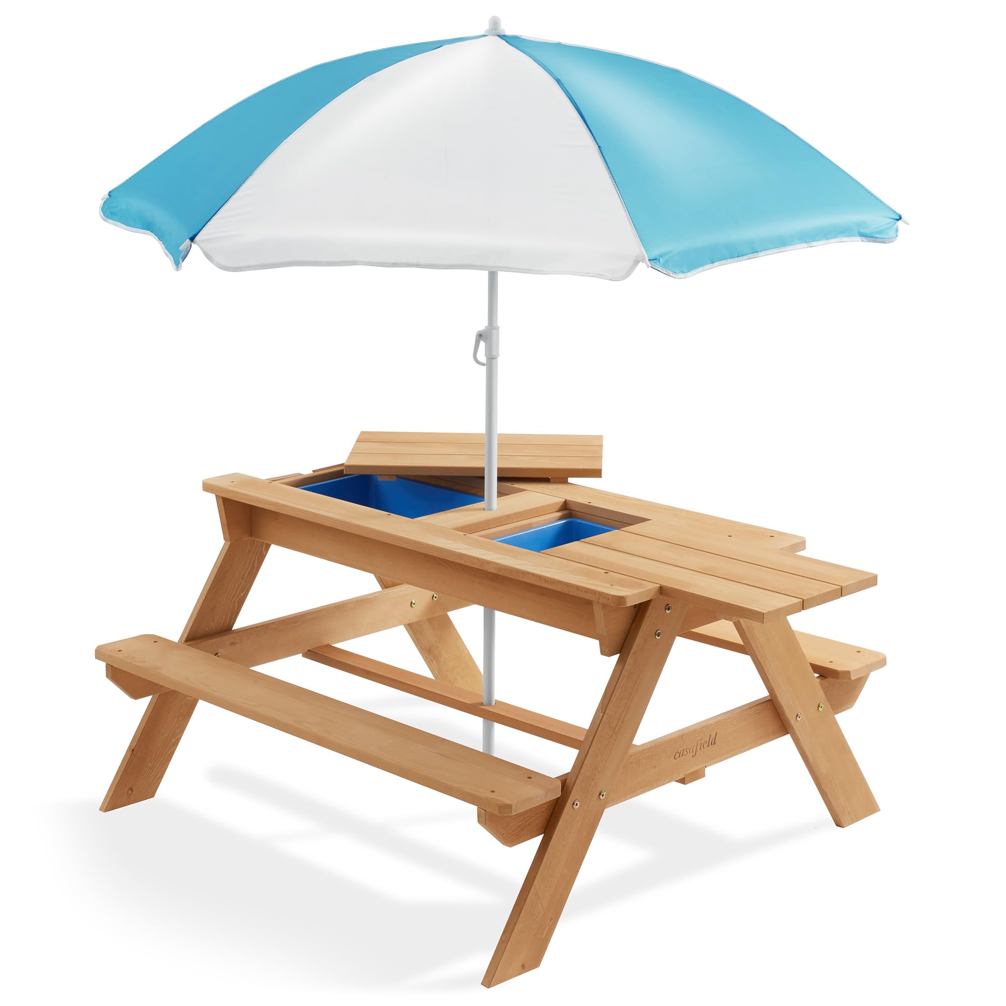 Casafield 3-in-1 Wooden Kids Sand and Water Play Table with Umbrella - Outdoor Activity Table with 2 Play Boxes & Removable Lid - Perfect for Backyard, Patio, Beach & Preschool Playtime