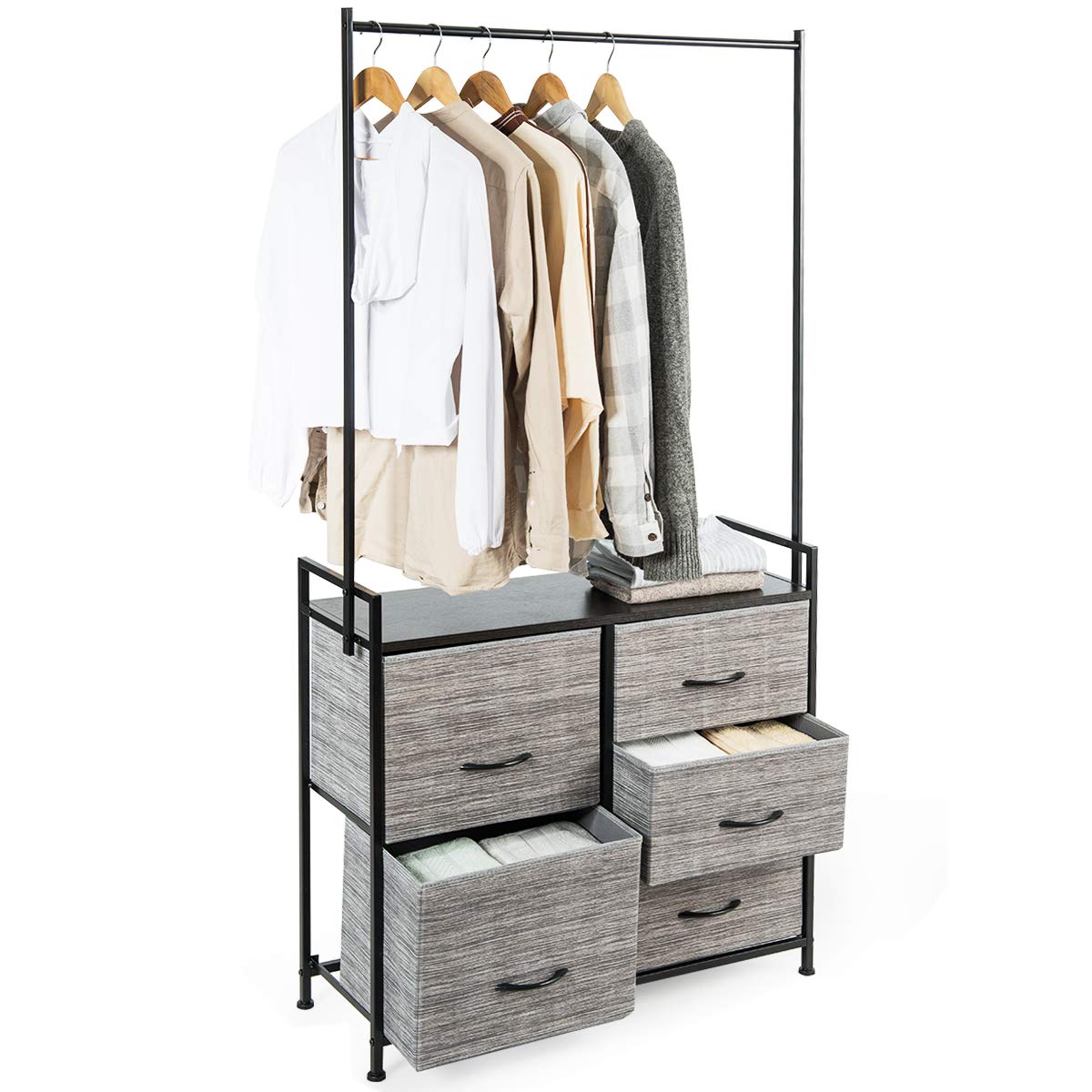 Tangkula 5-Drawer Fabric Dresser with Clothes Rack - Sturdy Metal Frame & Wooden Top Storage Organizer for Bedroom, Hallway - Perfect for Clothes, Toys, Blankets & Accessories (Gray) | Space-Saving Closet Solution for Small Rooms & Apartments