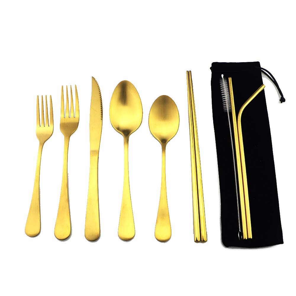 Premium Reusable Gold Utensil Set with Travel Case - Stainless Steel Camping Cutlery (Knife, Fork, Spoon, Straw & Chopsticks) - Matte Finish Flatware for Office Lunch, Hiking, School & Outdoor Dining