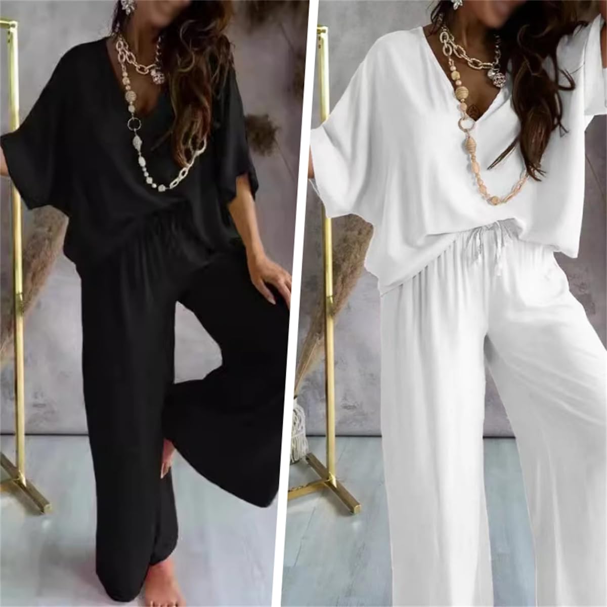 Women's Casual Loose Solid Color Suit Set - Comfortable V-Neck Lounge Pants Outfit for Home, Travel & Relaxation | Two Piece Pant Sets for Women