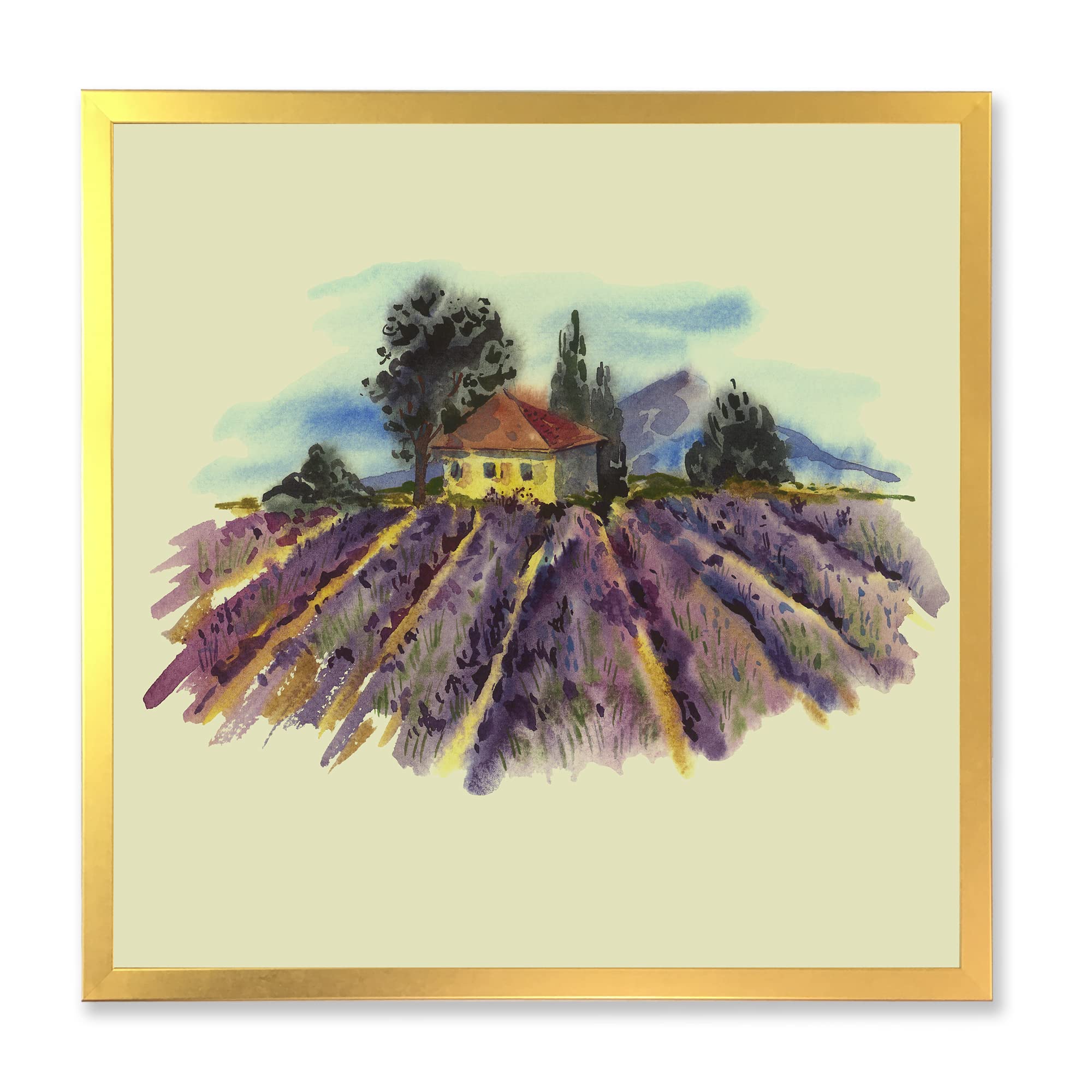 DesignQ Blooming Lavender Landscape Traditional Framed Wall Art - Perfect for Living Room, Bedroom & Office Decor
