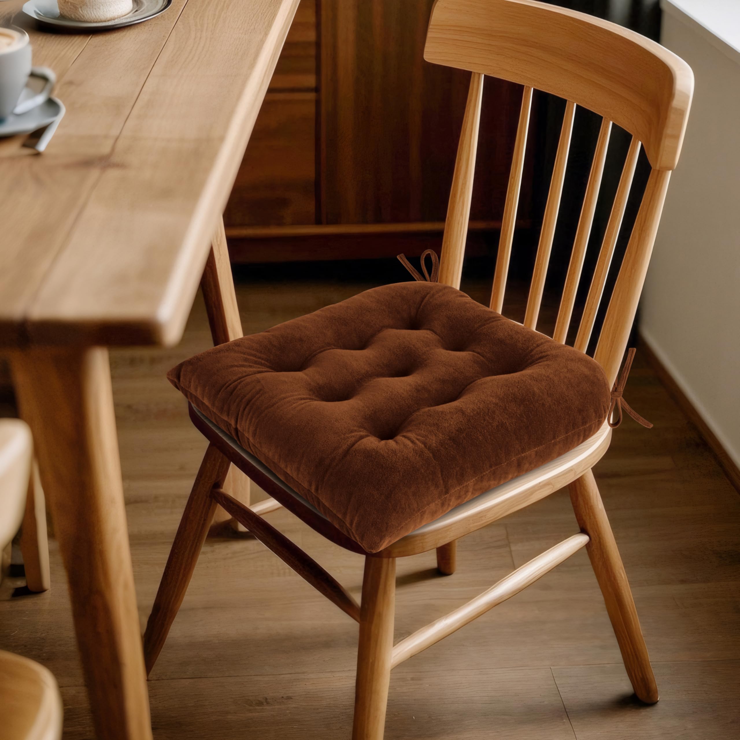 ELFJOY 4 Pack Tufted Square Chair Cushions with Ties for Dining & Office - Coffee Color