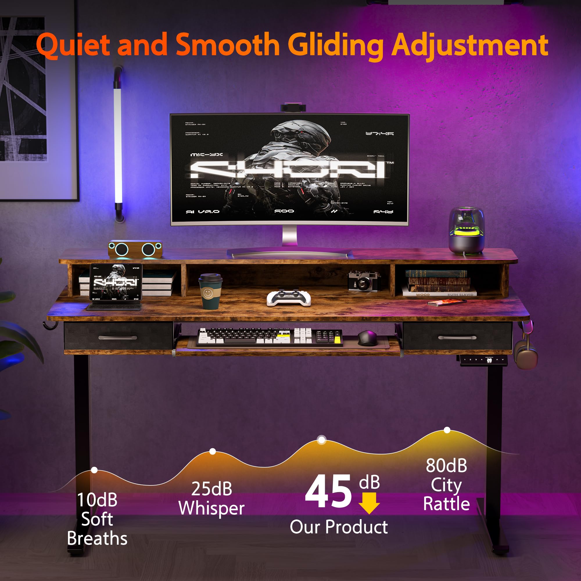 55x24 Inches Electric Height Adjustable Standing Desk with Keyboard Tray & 2 Drawers - Ergonomic Sit to Stand Computer Table with Storage Monitor Stand in Rustic Brown - Perfect for Home Office, Gaming Setup & Workspace Organization