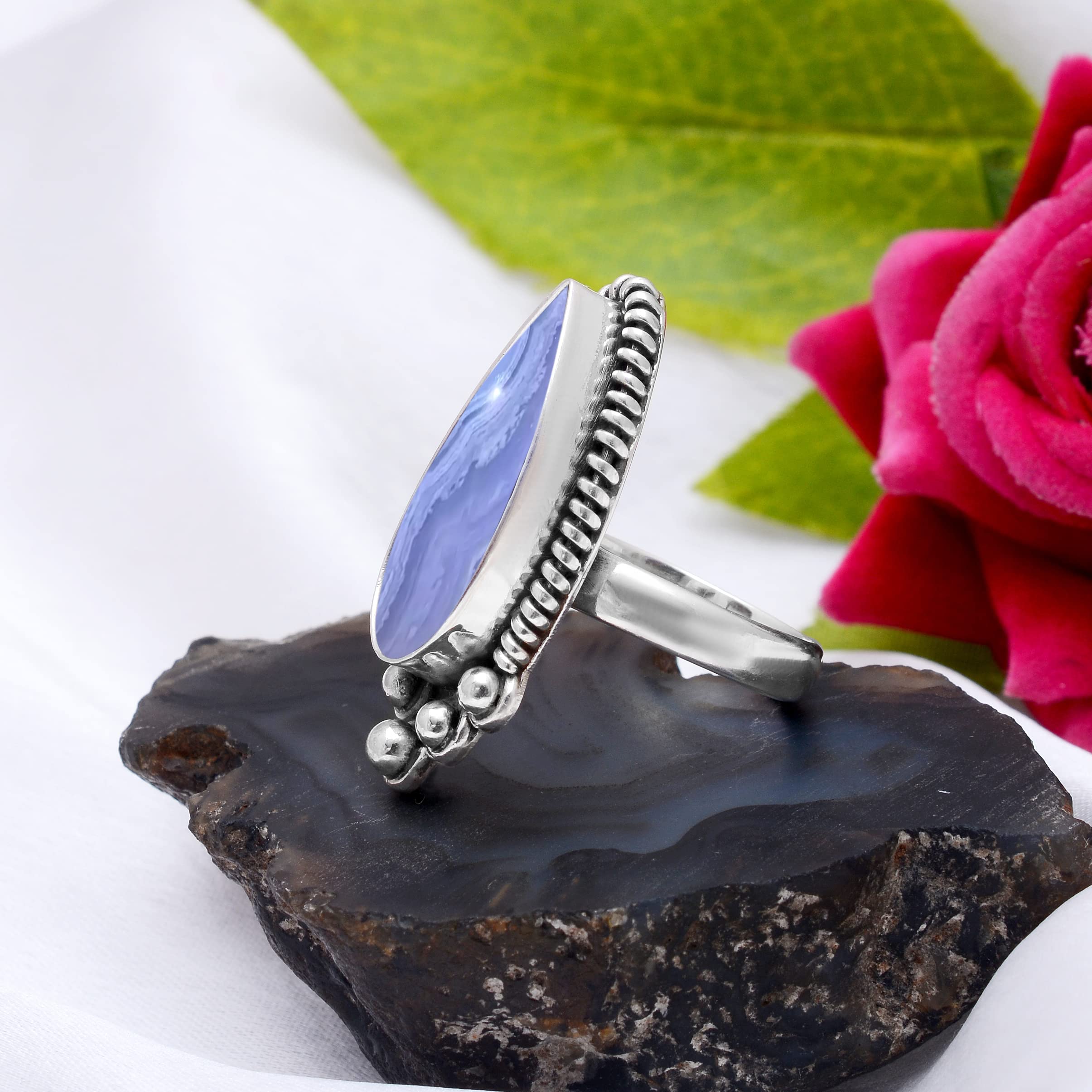 Veracity Jewelry Blue Lace Agate Ring for Women - 925 Sterling Silver Healing Meditation Ring with Natural Gemstone - Elegant Blue White Stone Jewelry Gift for Mom, Wife, Girlfriend - Perfect for Yoga, Spiritual Healing & Special Occasions
