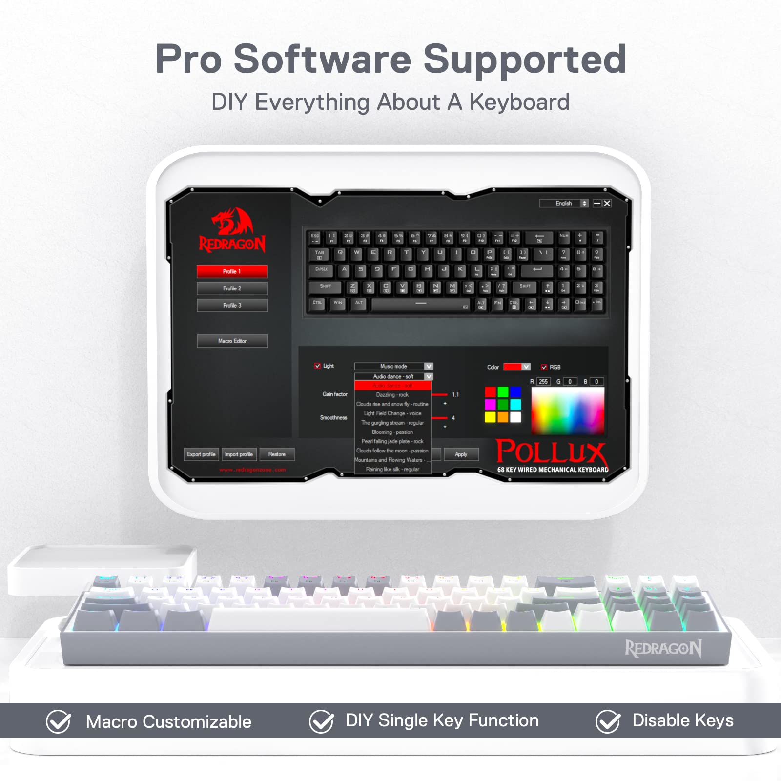 Redragon K628 Pollux 75% Wired RGB Gaming Keyboard - 78 Key Compact Mechanical Keyboard with Hot-Swap Sockets, Free-Mod PCB & Dedicated Arrow Keys | Quiet Red Switches for PC Gaming, Typing & Office Work