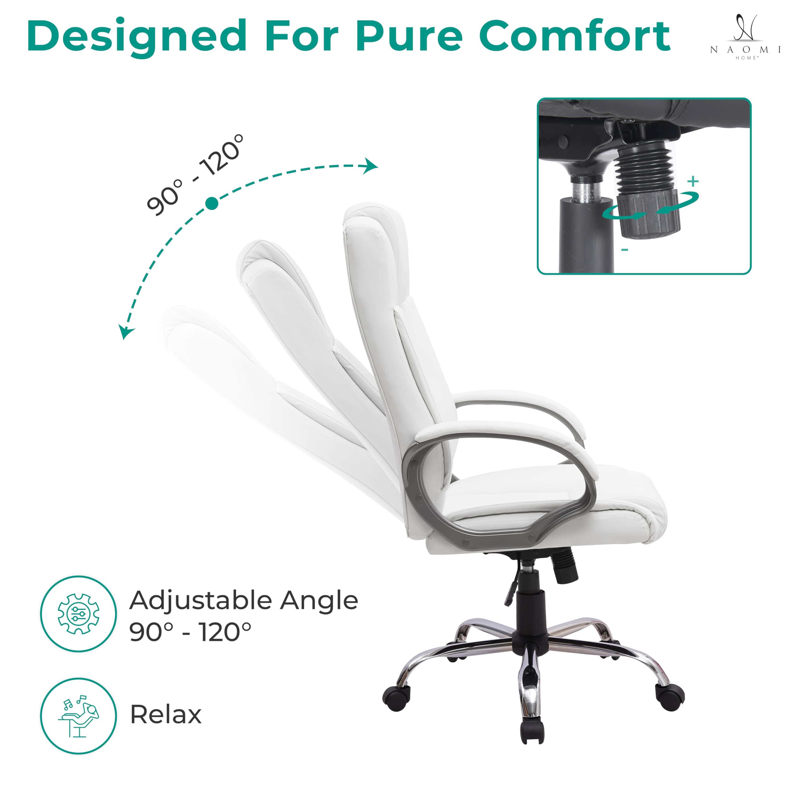 Premium Naomi Home Halle Executive Office Chair - High Back Ergonomic Desk Chair with Adjustable Height, Tilt & 360° Swivel - Lumbar Support & Padded Armrests - White Leather Computer Chair for Home & Office Use - Ideal for Long Work Hours, Gaming & Study Sessions